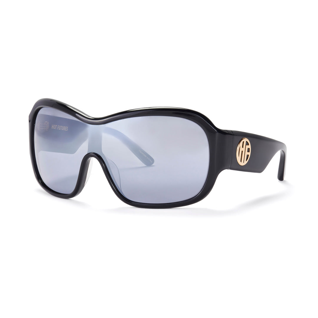 Side shot of the Hot Futures Gloss Black Wraparound Sunglasses with the Gold HF logo on the arms of the sunglasses.