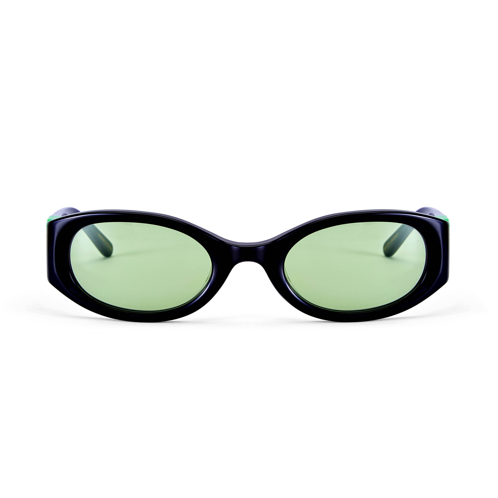 A pair of glossy black sunglasses with green tinted lenses and slim fit oval frame detailing.