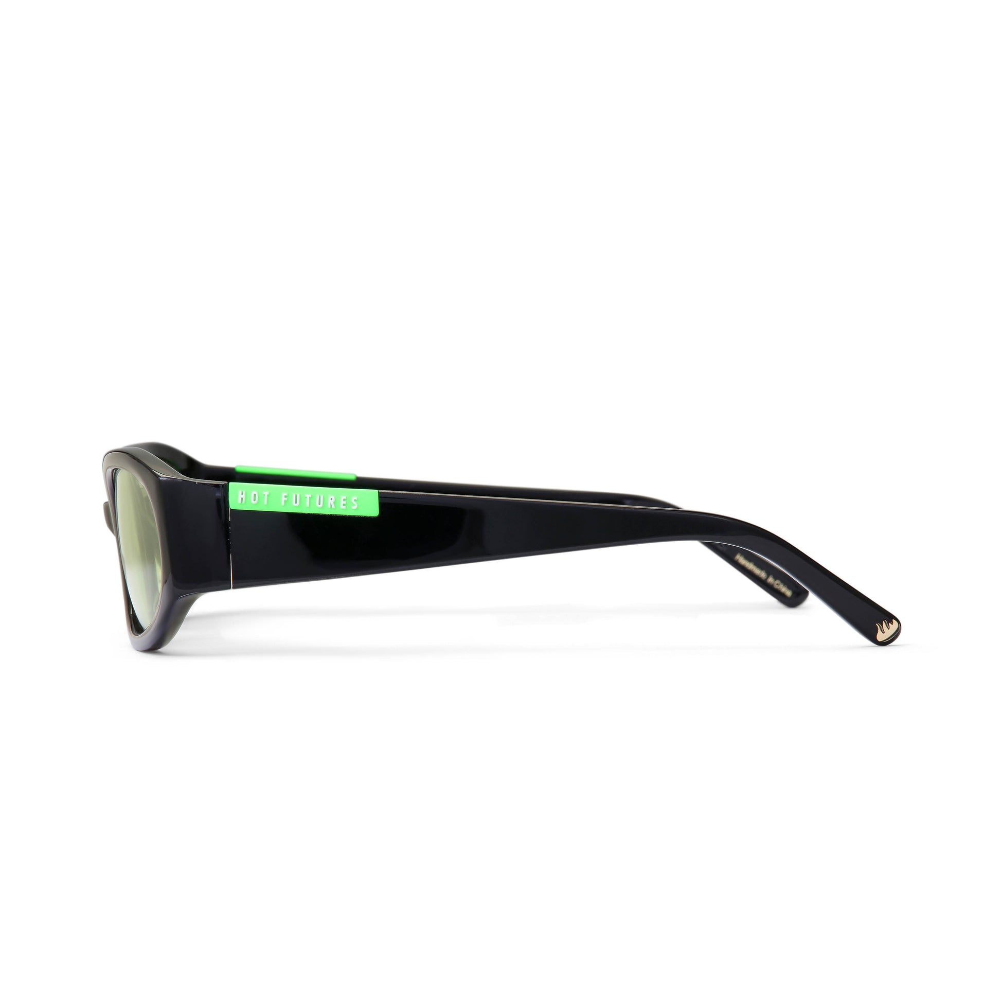 Side shot of the Black sunglasses showing the arms and branding in bright green,