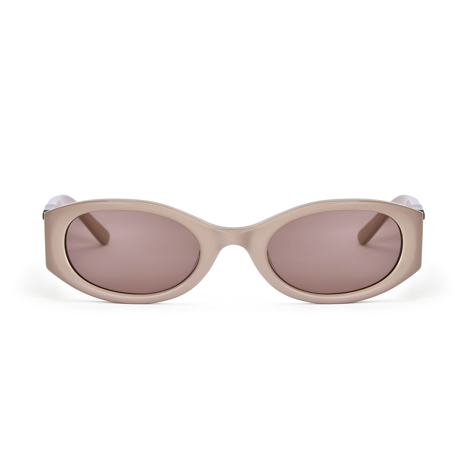 A pair of oval-shaped sunglasses with a tan frame and brown tinted lenses, featuring a latte brown frame and detailing on the top side.