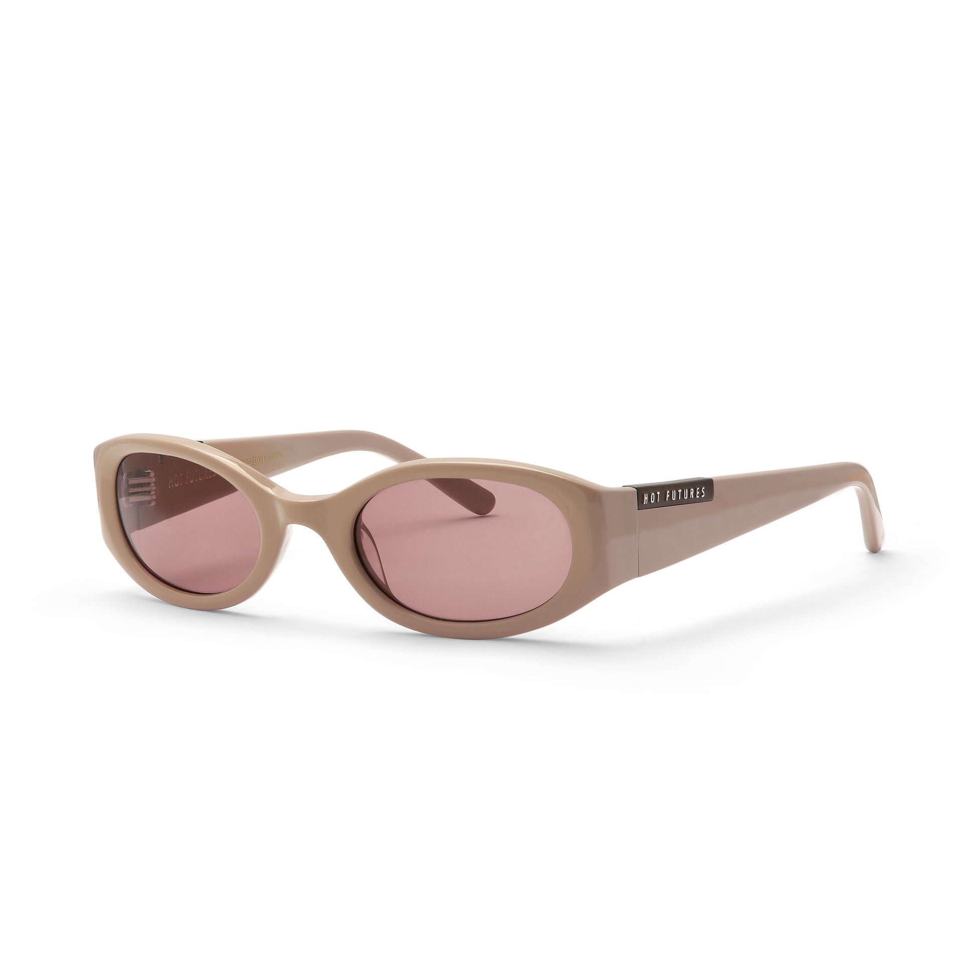 Side shot of the Baby Racer Latte brown sunglasses showing the branding on the side of the arms. Taken against a white background