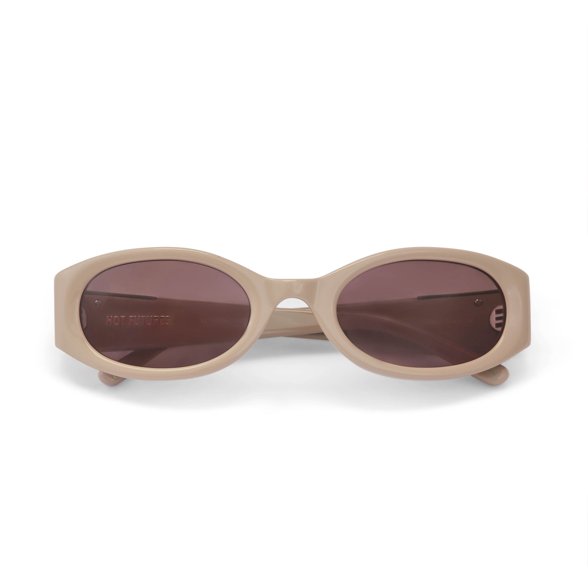 Front shot of the Baby Racer Sunglasses by Hot Futures in latte tan brown. Shot against a white background