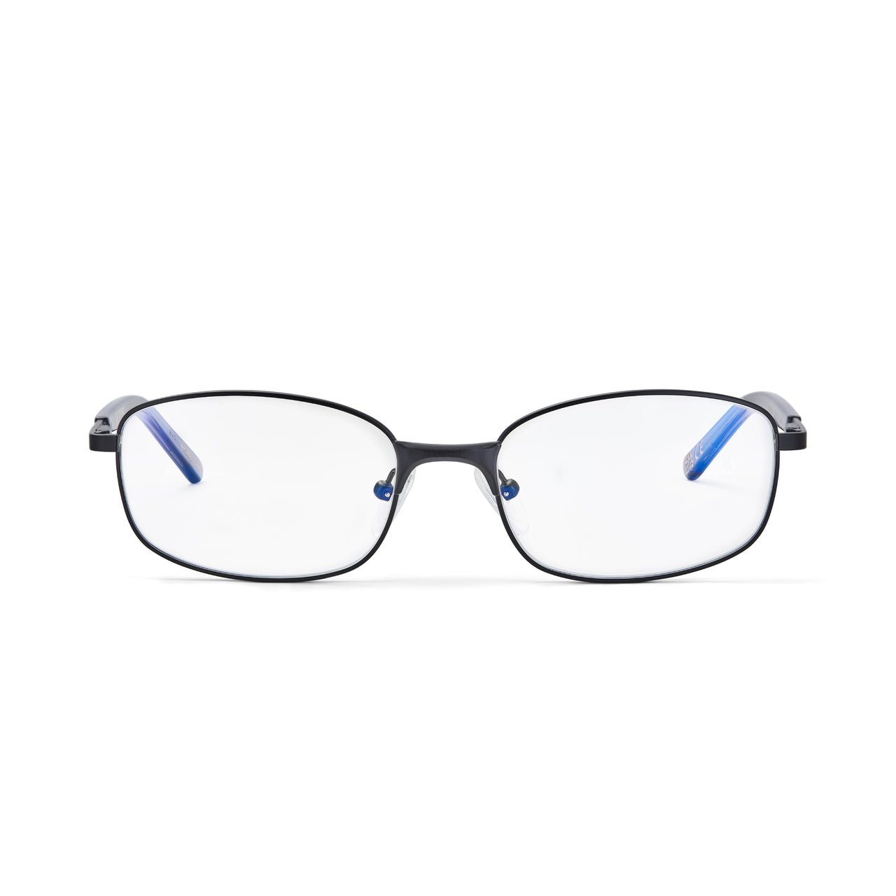 A pair of matte black full frame prescription glasses with blue accents on the temples and clear lenses.