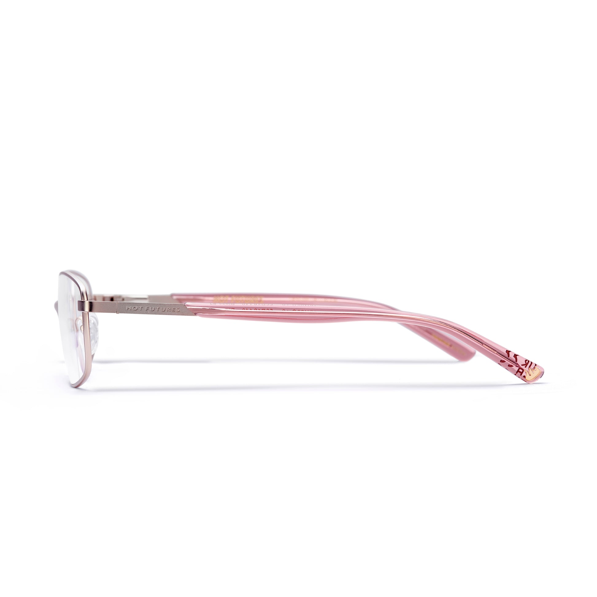 side angled shot of the blaze eco soft gold clear optical glasses against a white background