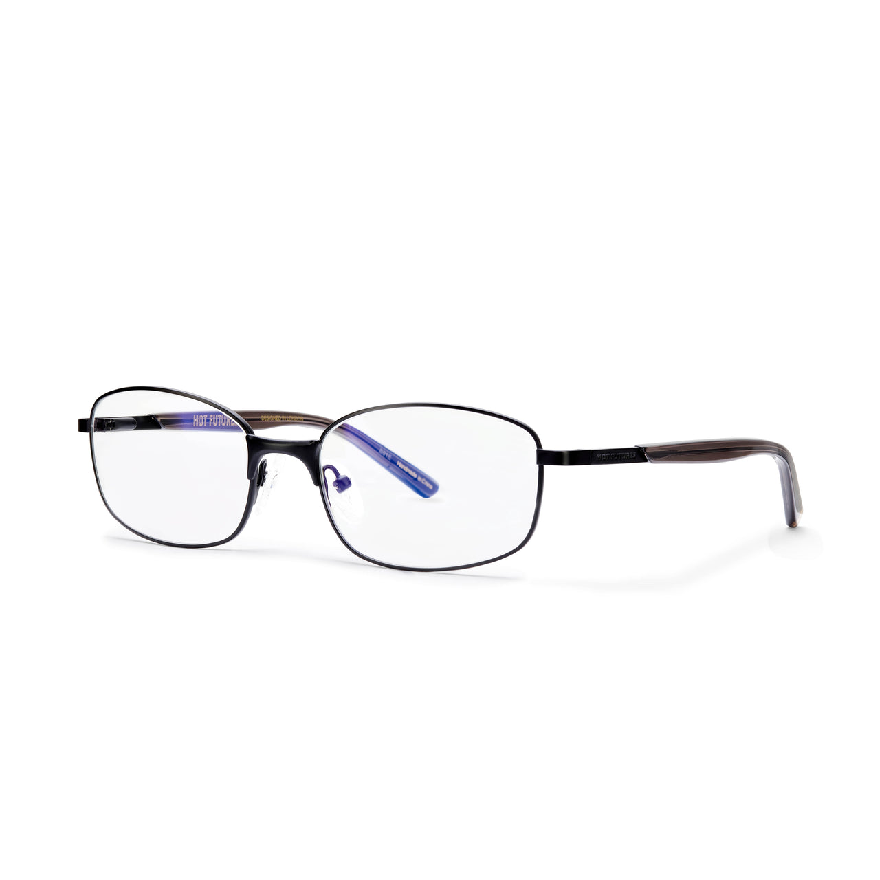 A pair of matte black full frame prescription glasses with blue accents on the temples and clear lenses.