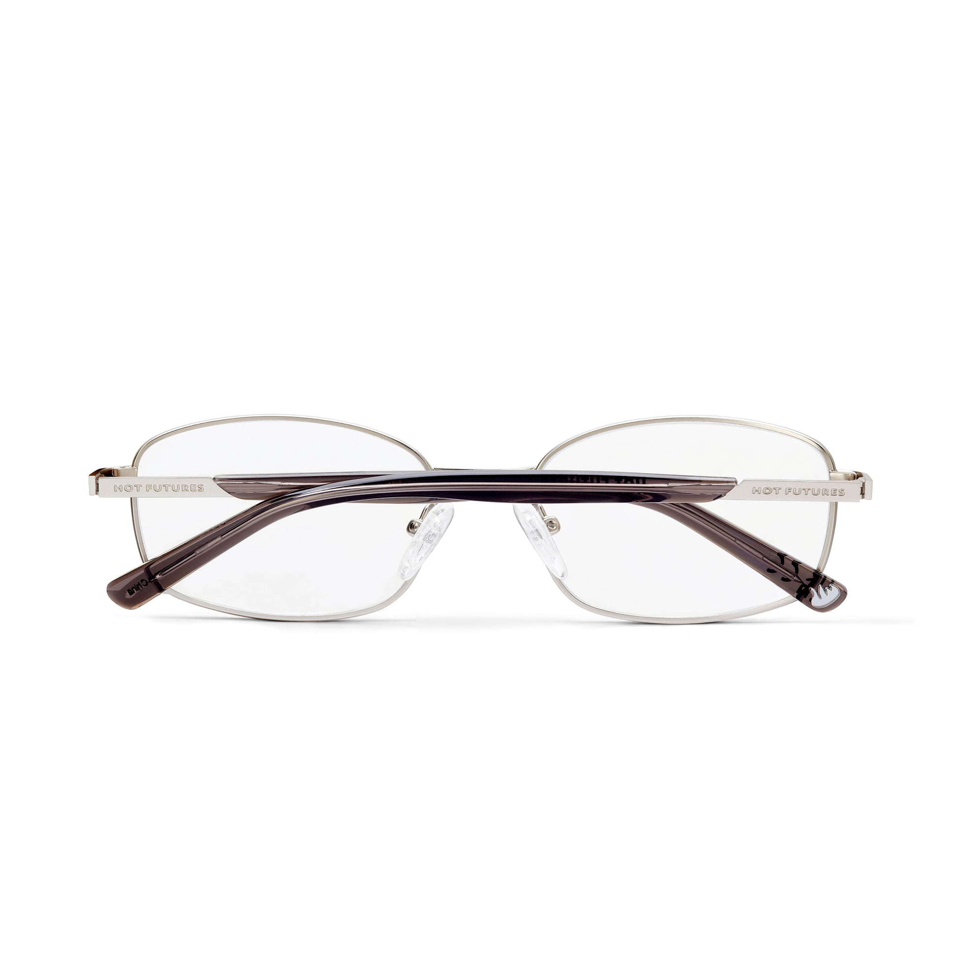 back shot of the blaze matte silver optic glasses folded showing arms of glasses