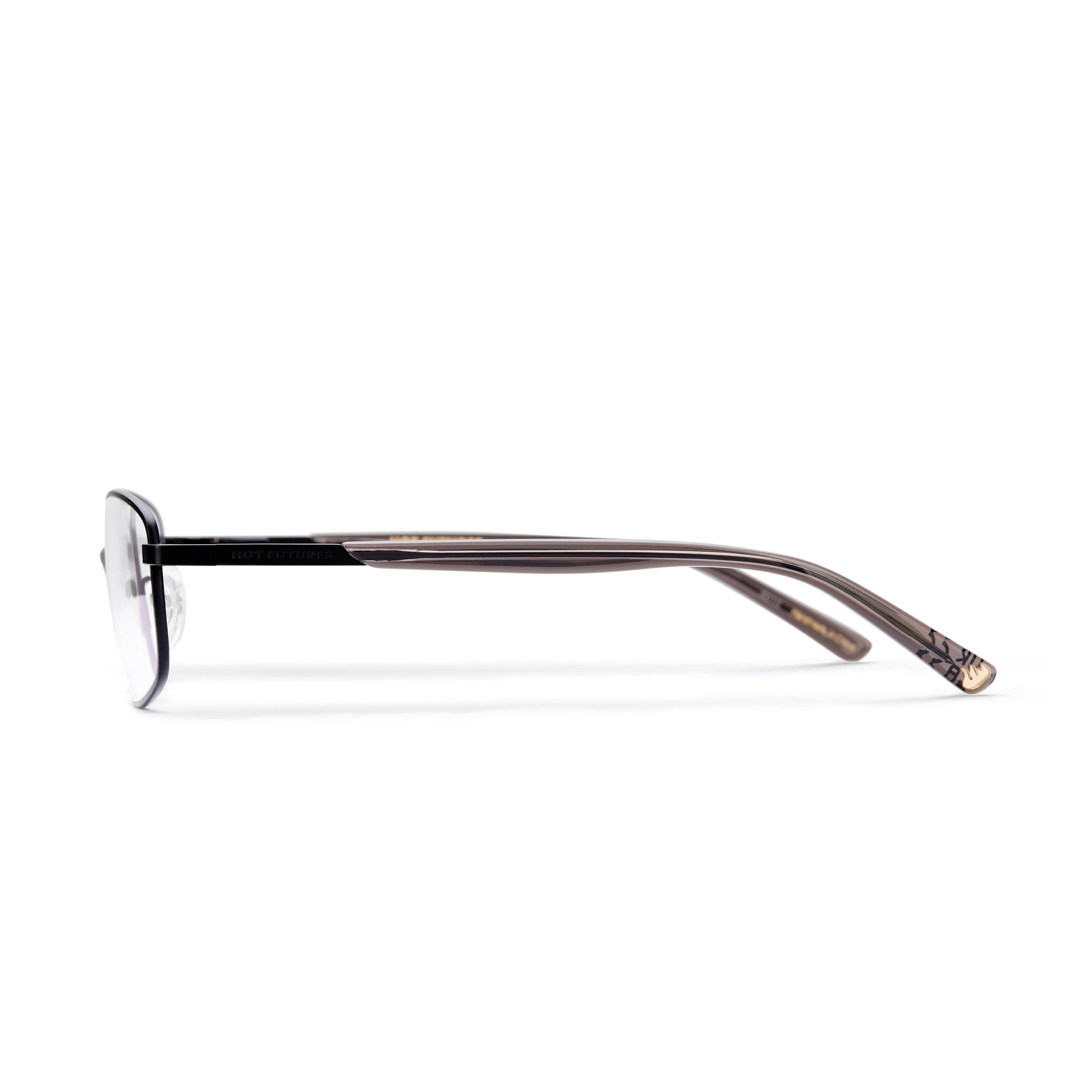 side angle shot of the Blaze prescription glasses showing the arms and metal frame of the glasses against a white background
