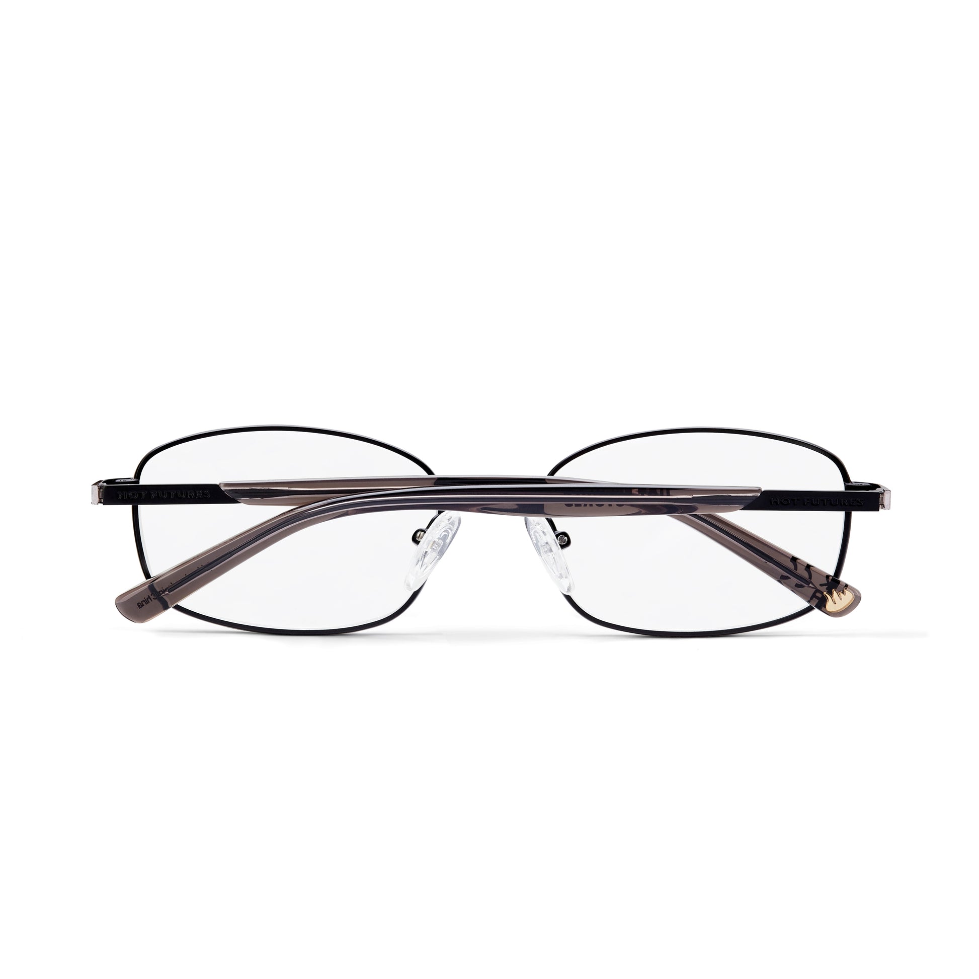 the back of the blaze prescription glasses folded against a white background
