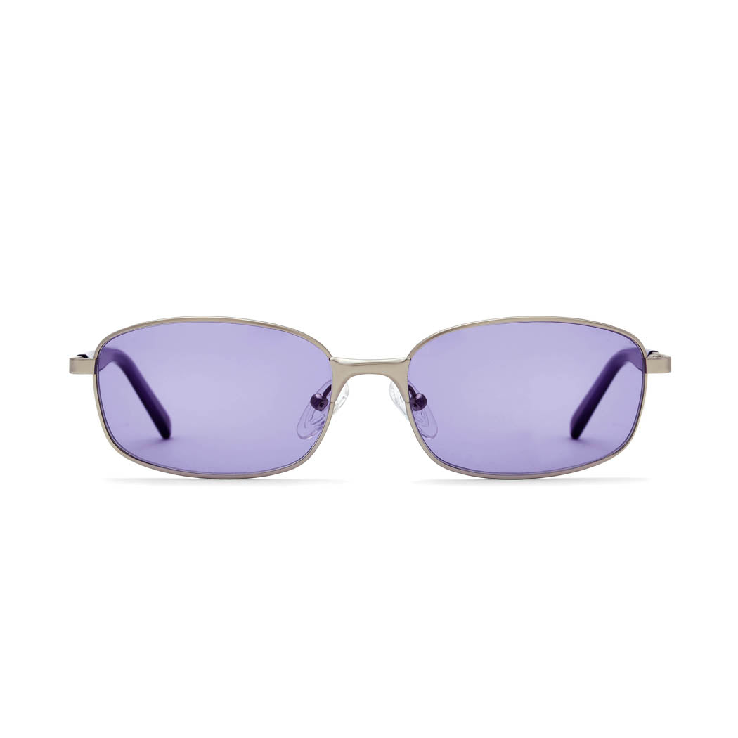 A pair of semi-wraparound frame sunglasses with a matte silver and violet color scheme, featuring integrated alloy hinges and ergonomic acetate temples.