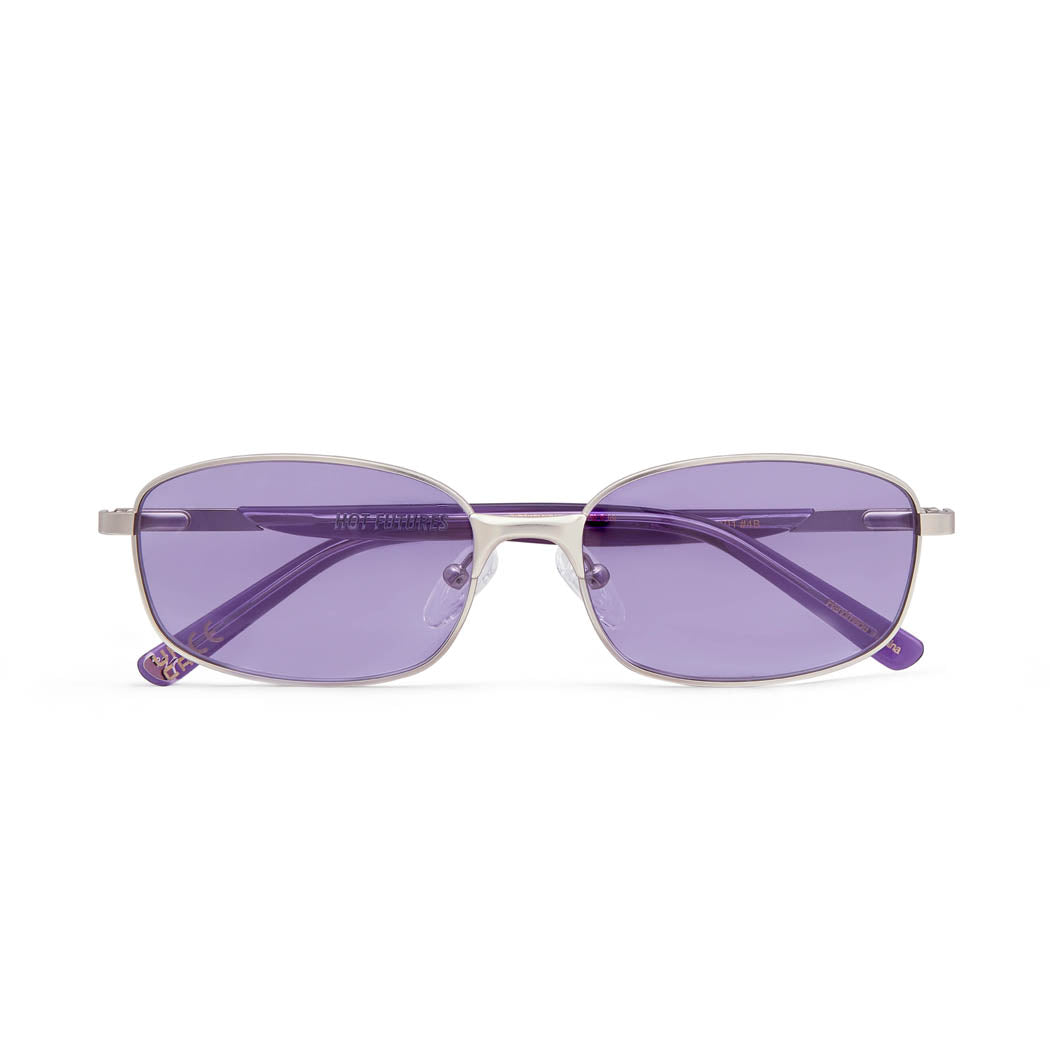 Close up front facing shot of the Blaze Sunglasses by Hot Futures, in the purple/silver colourway.