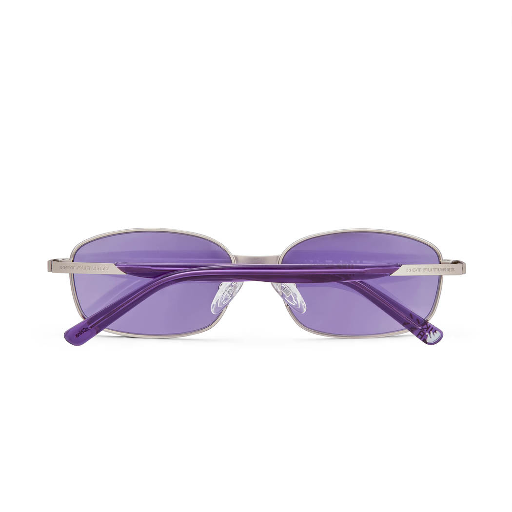 Back shot of the Blazes Sunglasses by Hot Futures in Purple/Silver, showing the arms of the glasses with the HF branding,