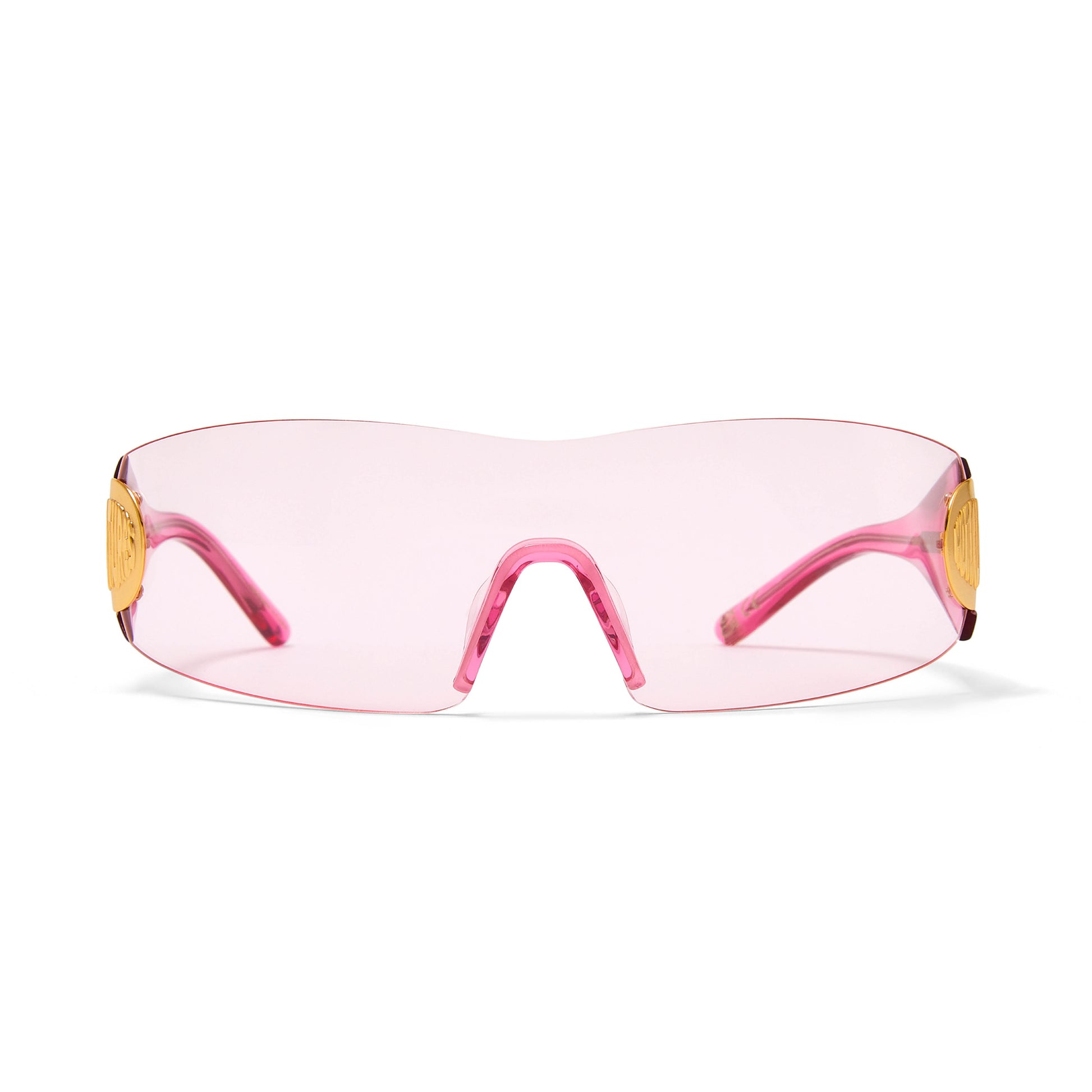A pair of pink-frame, wrap-around sunglasses with a gold logo, designed in London