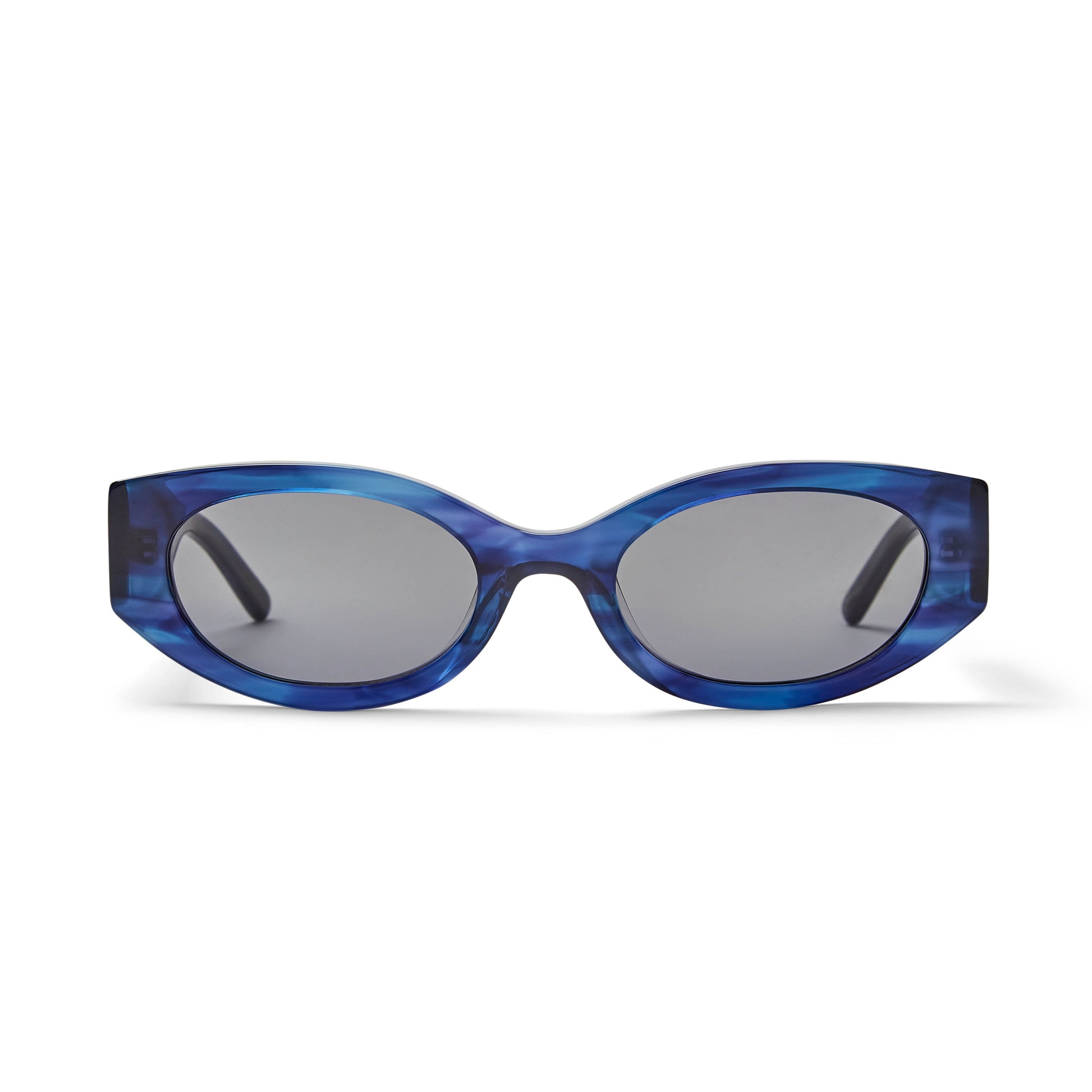 A pair of blue oval-shaped sunglasses with a geometric cutout detail on the frame and smoke tinted lenses.
