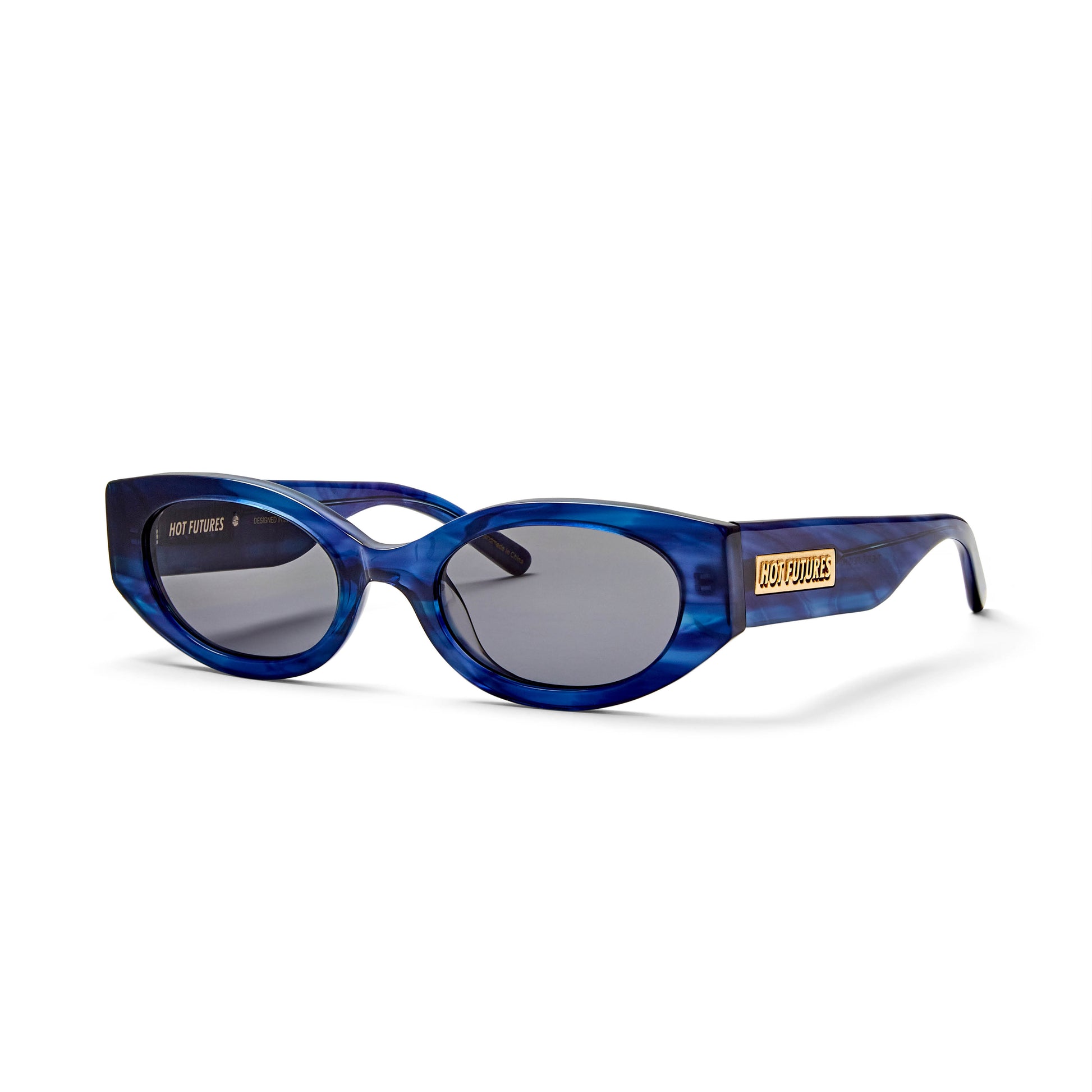 Cosmic Rebel Blue crystal frame sunglasses with smoke dark lenses, shot from the side showing the Hot Futures logo branding to the arms