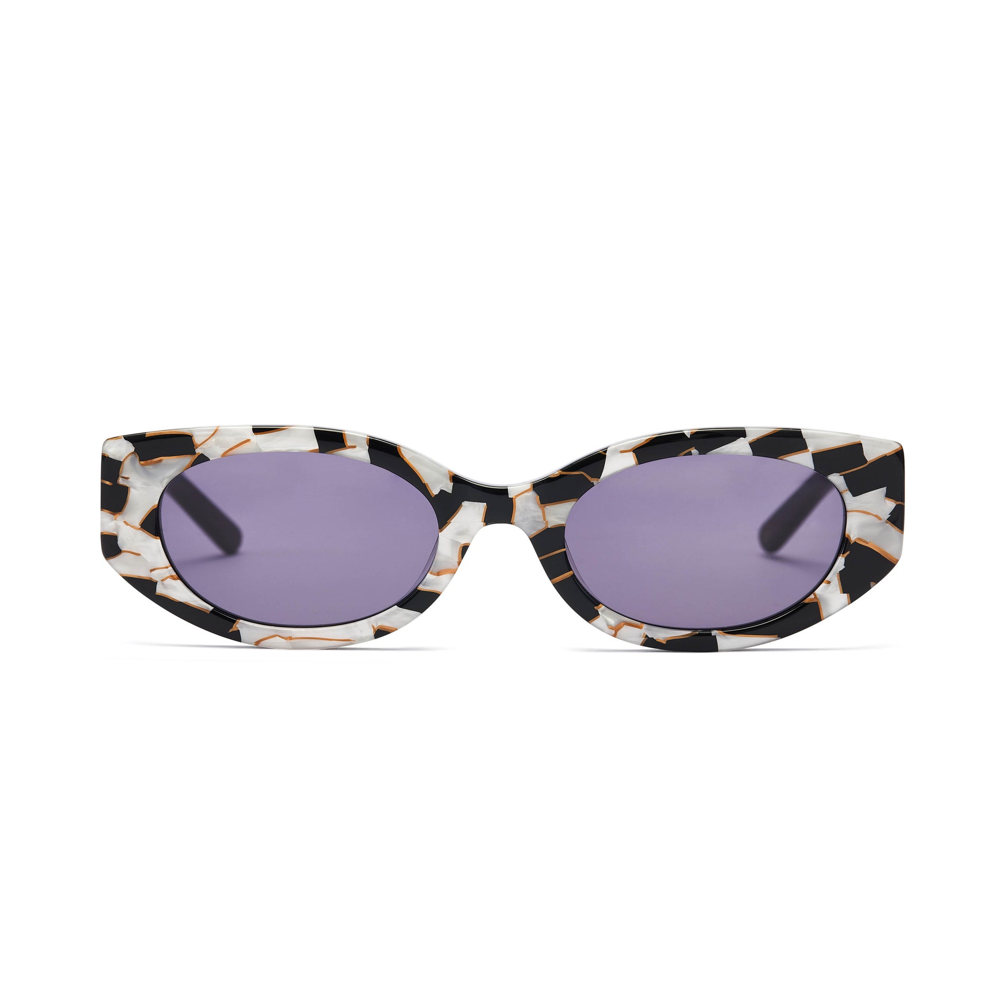 A pair of sunglasses with a black and white mosaic pattern frame and smoke tinted lenses.