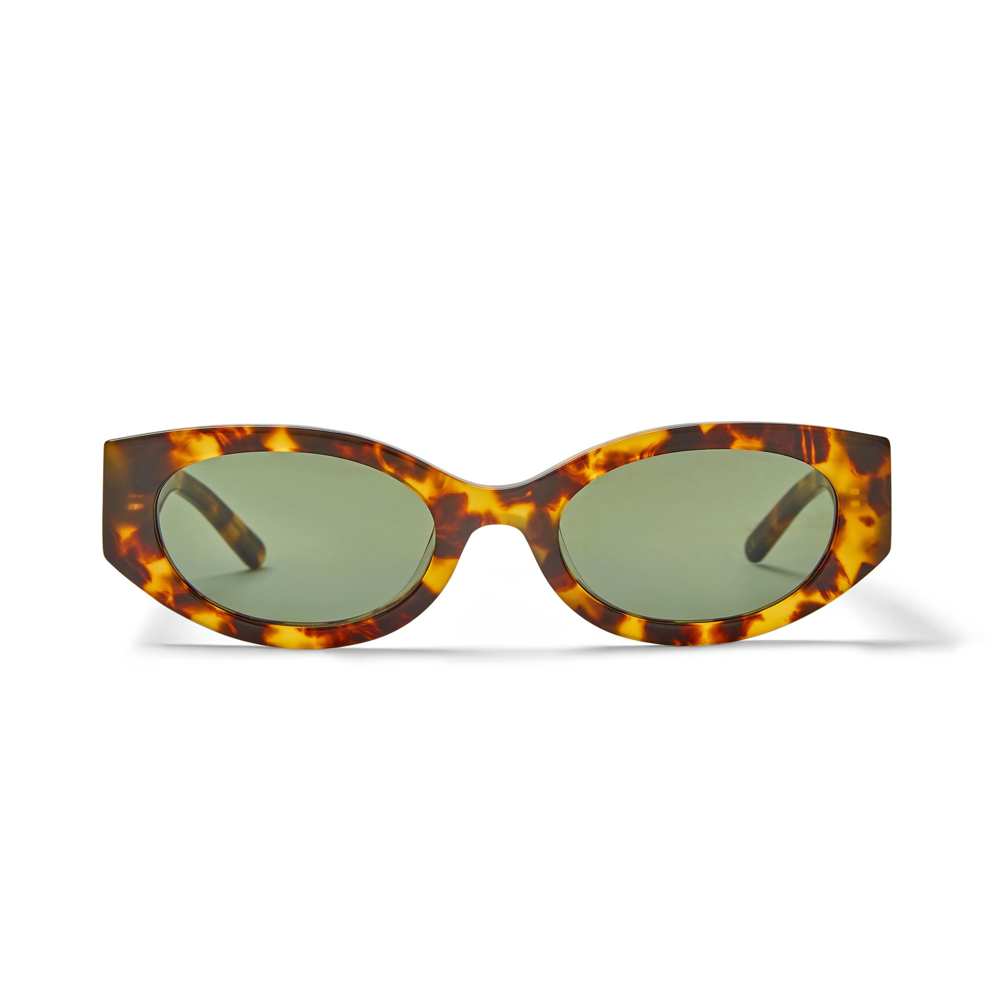 A pair of eco tortoiseshell sunglasses with a dark green tint and a chunky oval front profile. The glasses feature a gold laser cut plaque on one side.