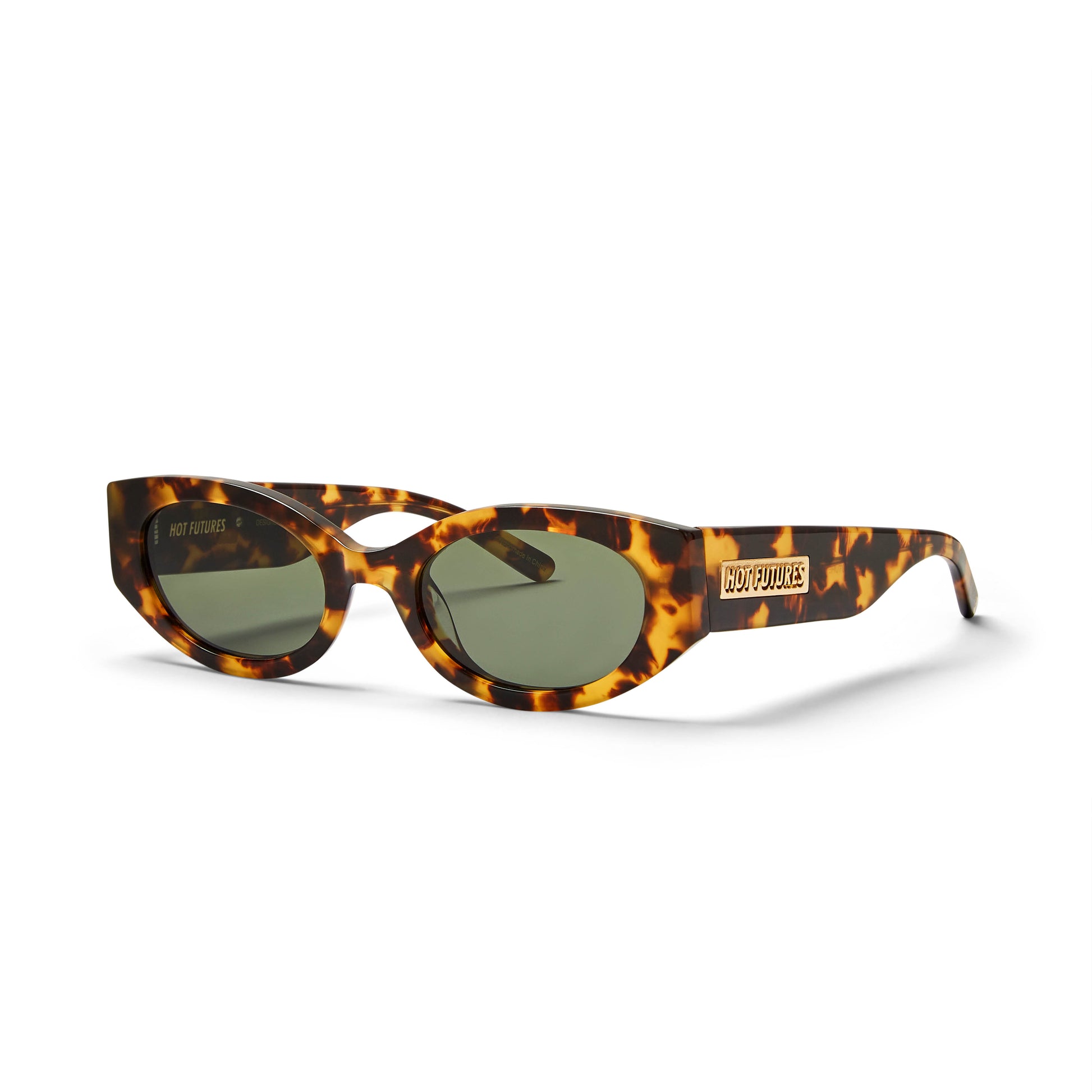 side angled shot of the Cosmic Rebel eco tortoiseshell sunglasses by hot futures. shot against a white background