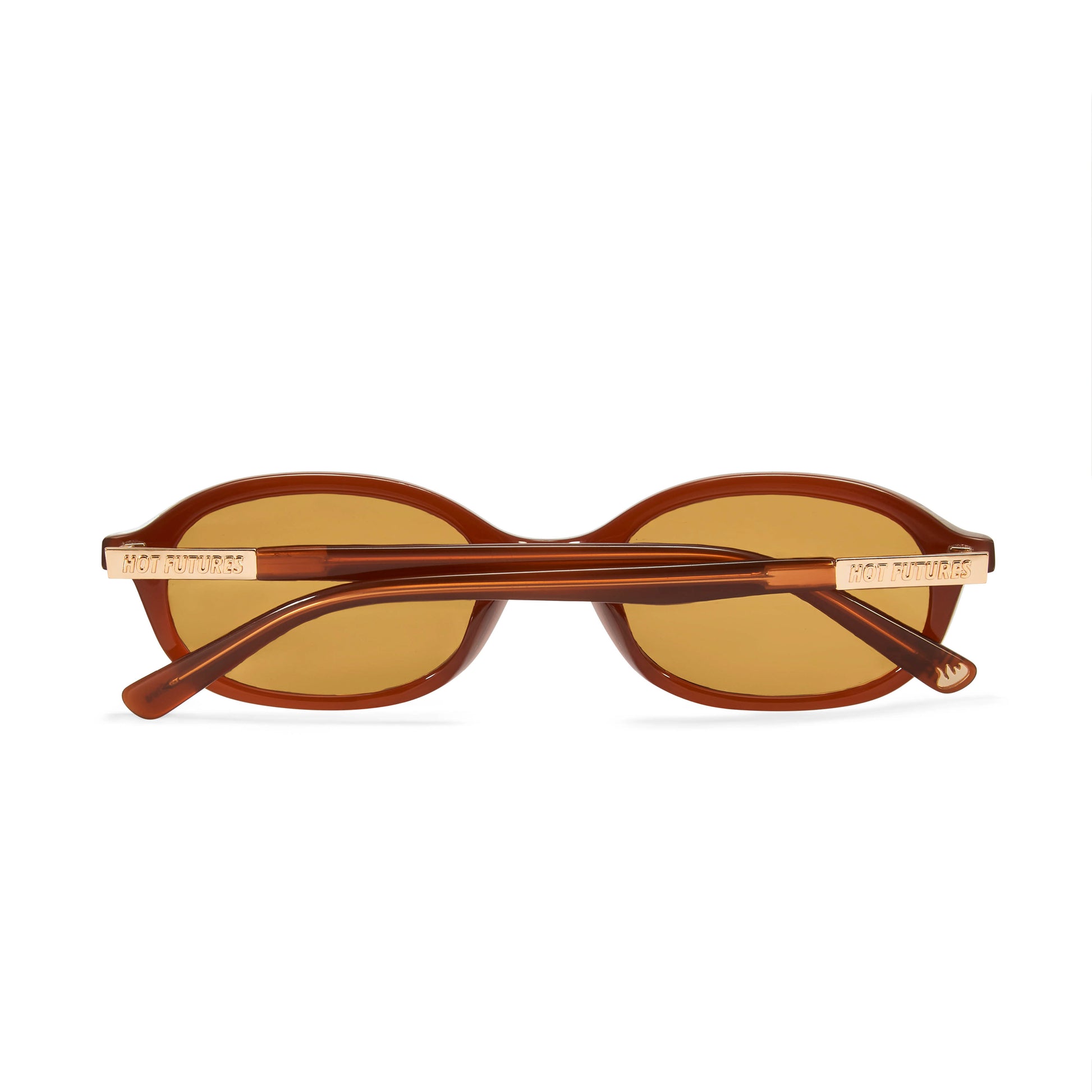 back shot of the brown cupid sunglasses with gold lens against a white background