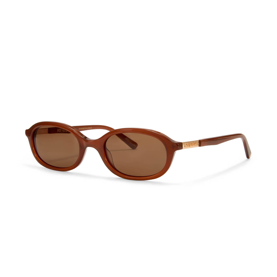 The Cupid Brown Caramel tan Sunglasses with the gold Hot Futures logo on the arms