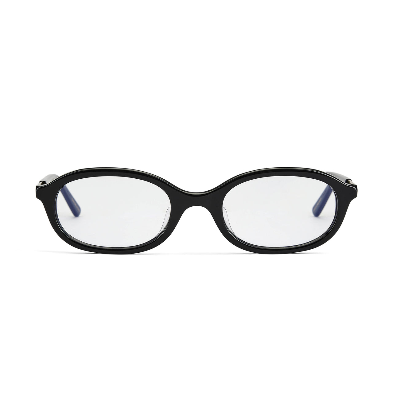 A pair of glossy black, oval-shaped eyeglasses with clear lenses and integrated alloy hinges.