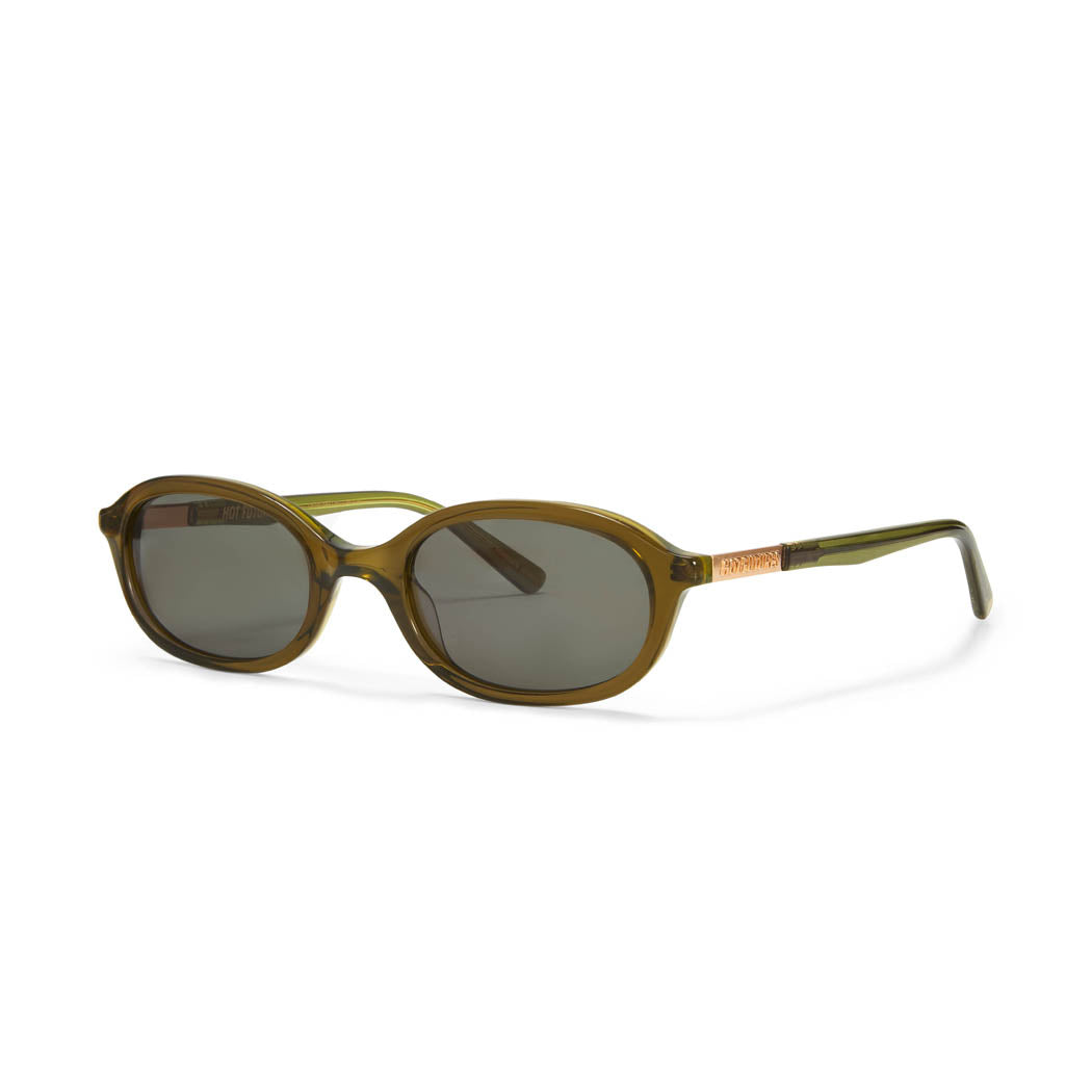 The Cupid olive dark green sunglasses with dark green lenses shot from the side against a white background. Showing the gold branding logo on the arms