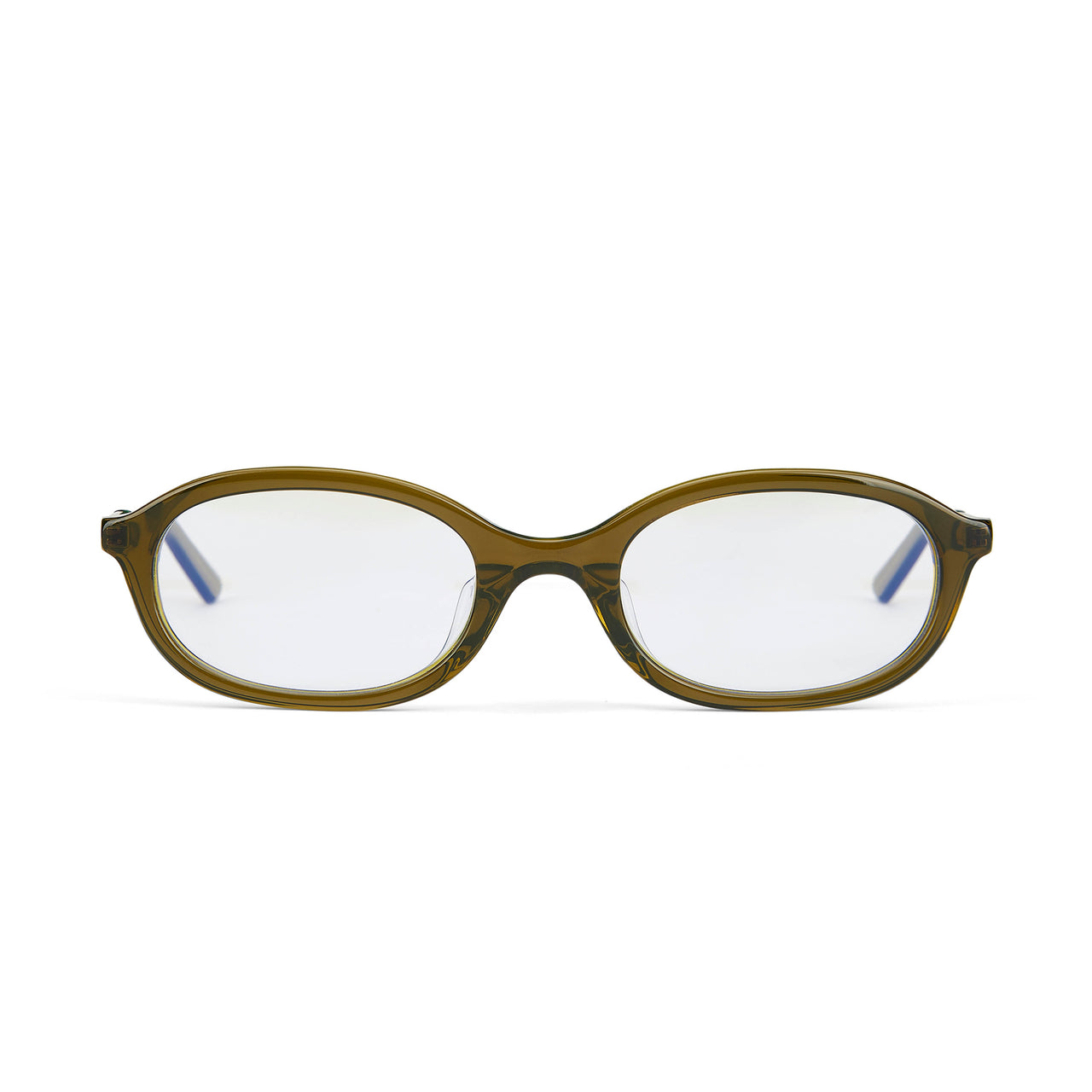 Olive green full frame glasses with clear lenses and integrated alloy hinges