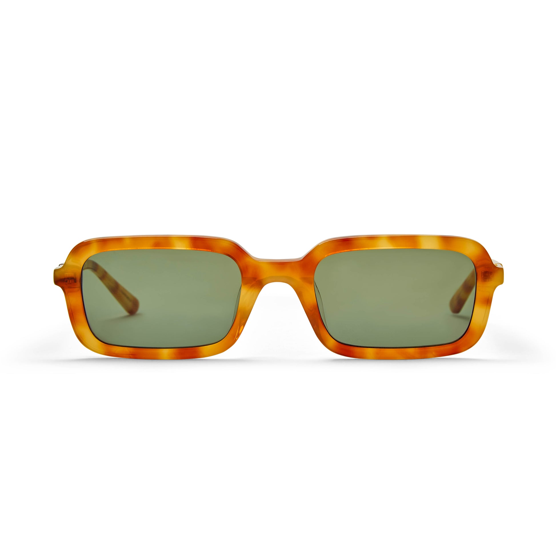 A pair of rectangular tortoiseshell sunglasses with dark green tinted lenses.