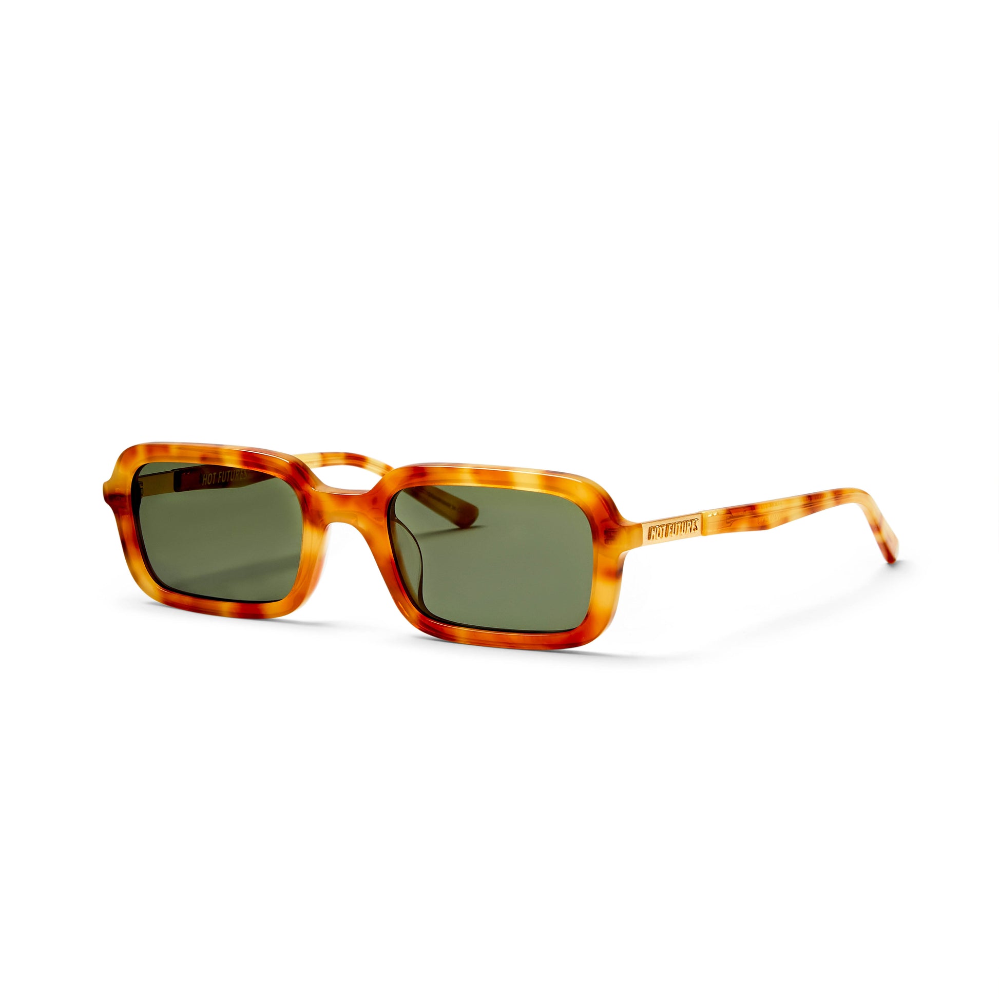side shot of the dazed caramel tortoiseshell dark green lenses sunglasses against a white background