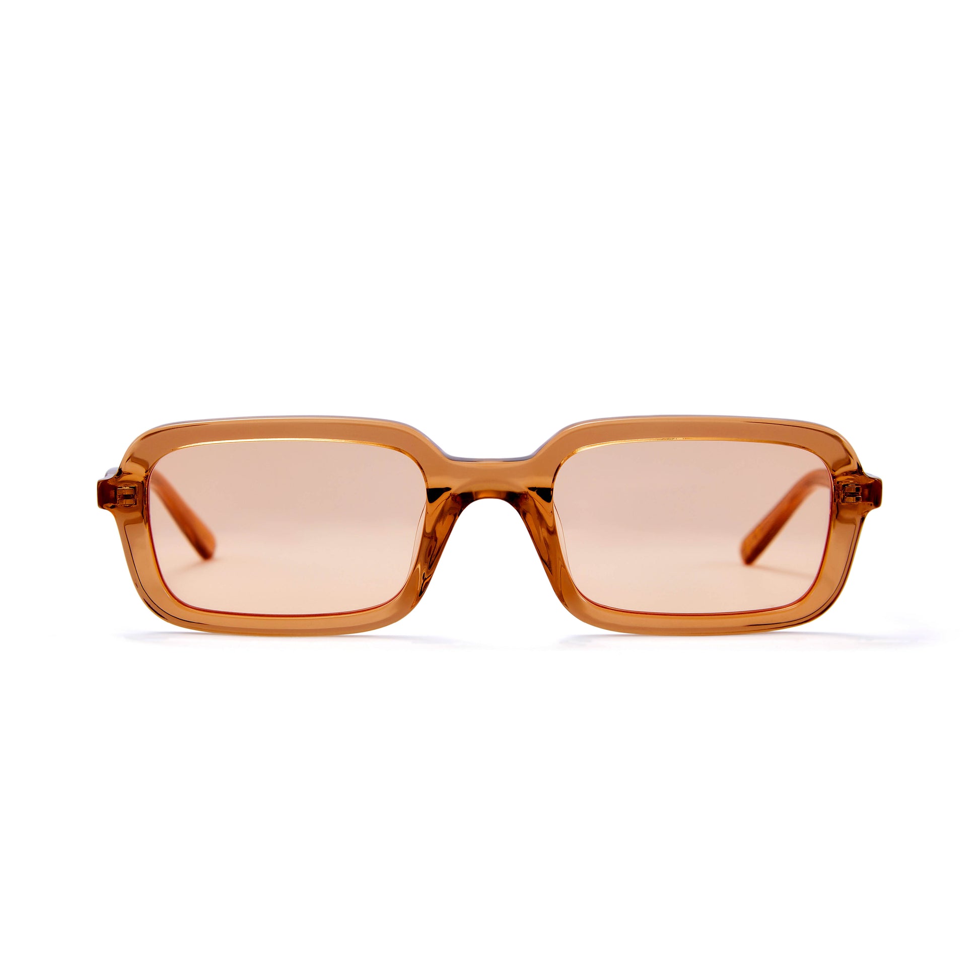 A pair of beige rectangular sunglasses with amber tinted lenses.