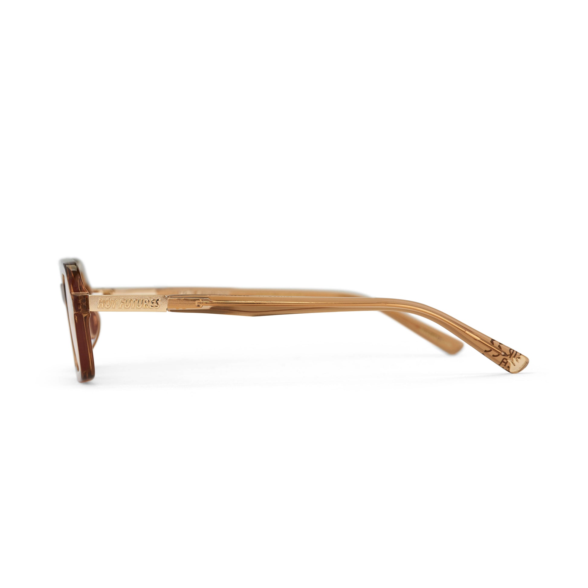 A pair of beige rectangular sunglasses with amber tinted lenses. Shot from the side angle showing their arms and branding on arms
