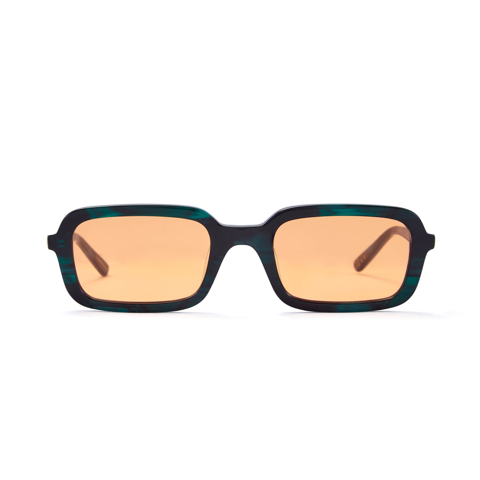 A pair of sunglasses with green crystal frame and orange tinted lenses, with a Y2K inspired soft slim rectangle frame.