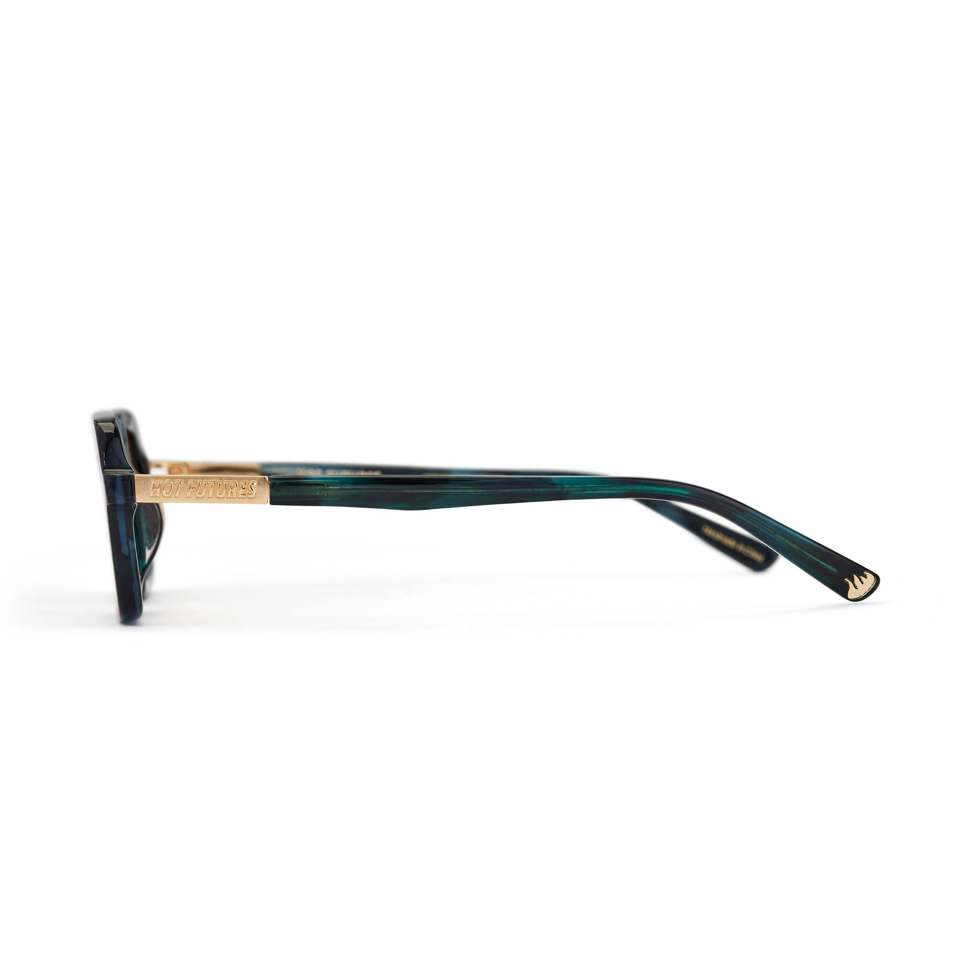 A pair of sunglasses with green crystal frame and orange tinted lenses, with a Y2K inspired soft slim rectangle frame.