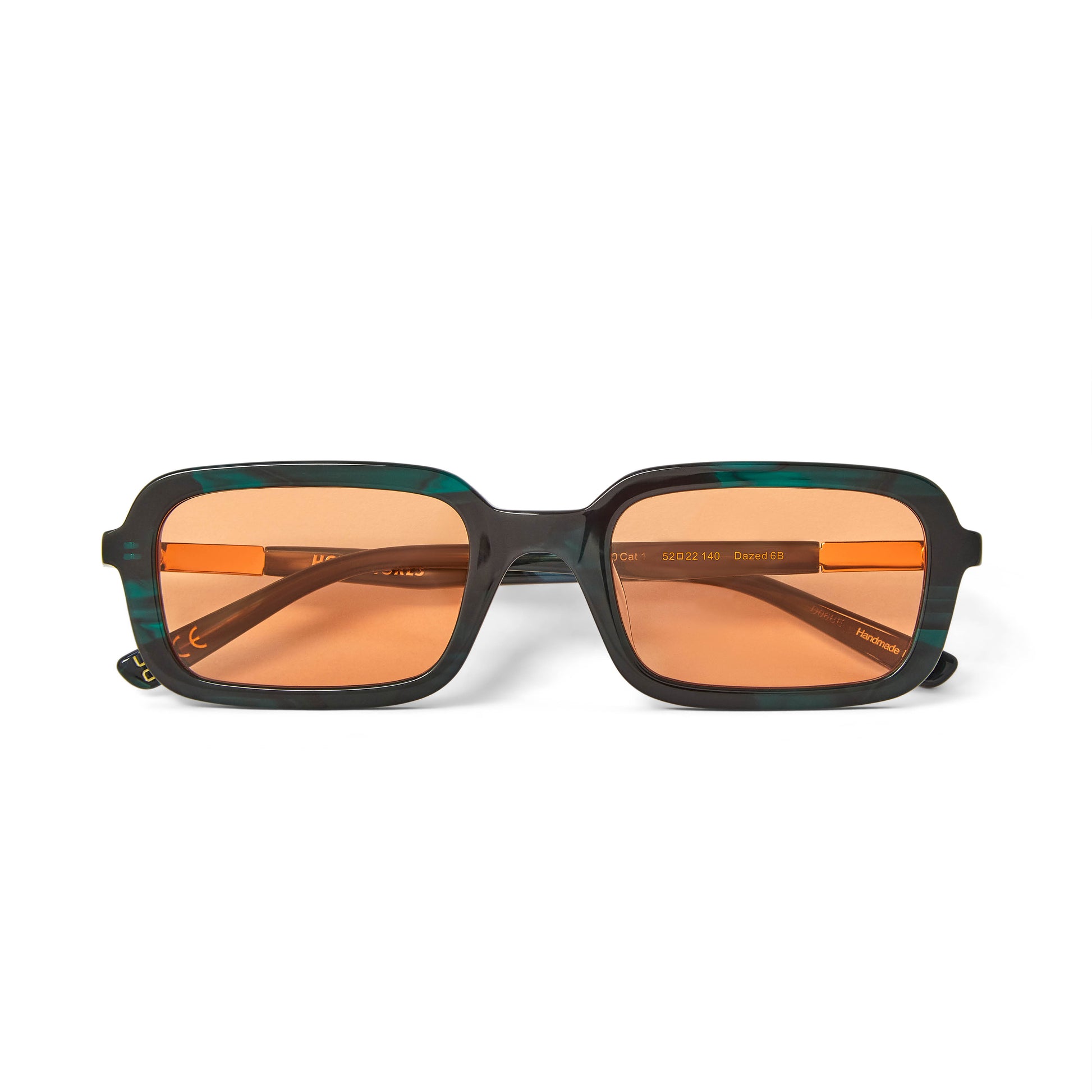 A pair of sunglasses with green crystal frame and orange tinted lenses, with a Y2K inspired soft slim rectangle frame.