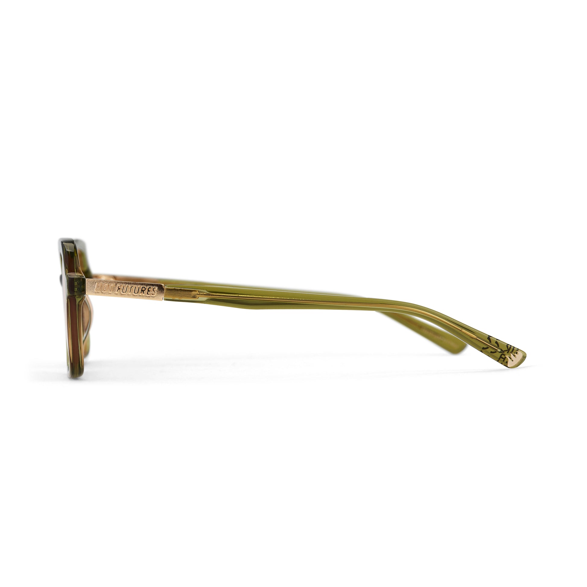 A pair of green tinted aviator sunglasses with an olive green frame.