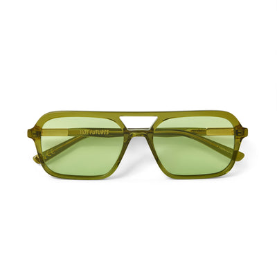 A pair of green tinted aviator sunglasses with an olive green frame.
