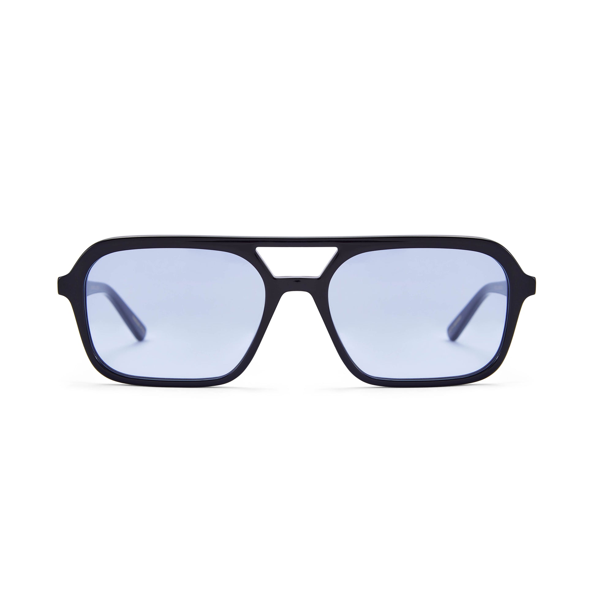 A pair of slim rectangular aviator sunglasses with a black frame and blue tinted lenses.