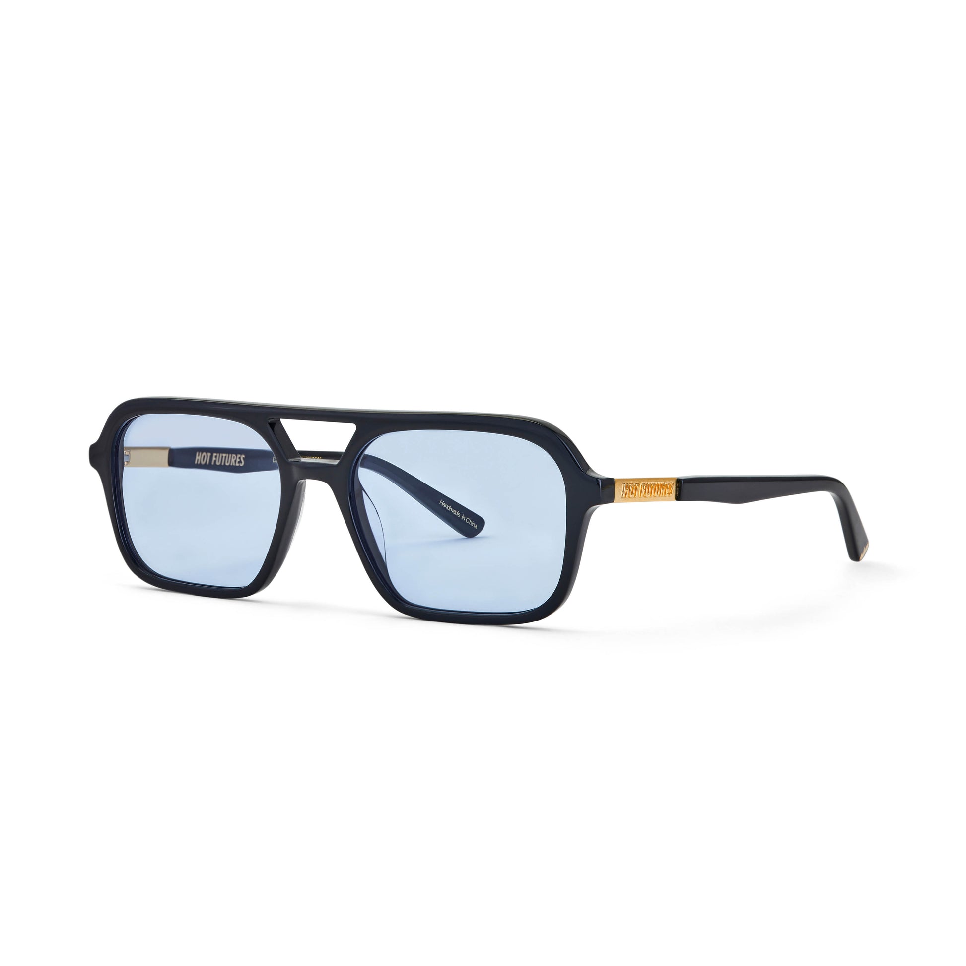 A pair of slim rectangular aviator sunglasses with a black frame and blue tinted lenses.