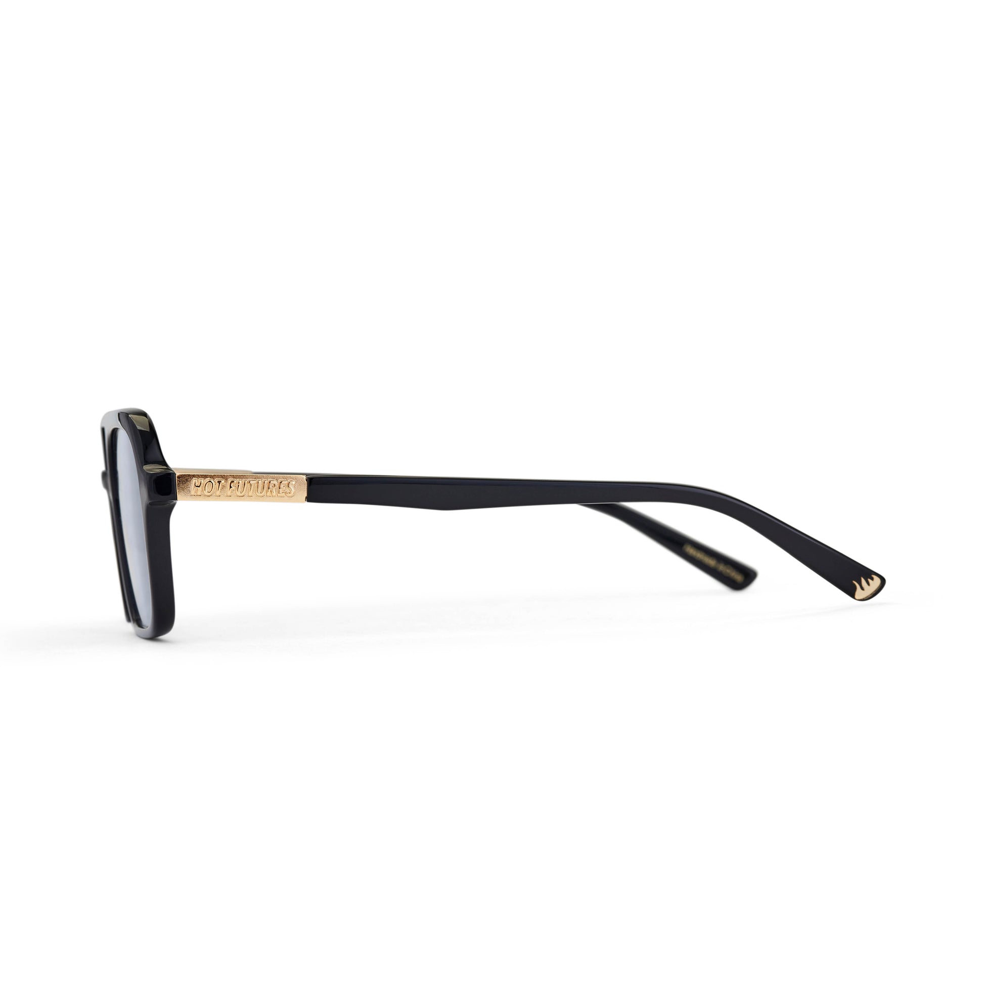 side shot of a pair of slim rectangular aviator sunglasses with a black frame and blue tinted lenses, showing the gold logo text branding on the arms