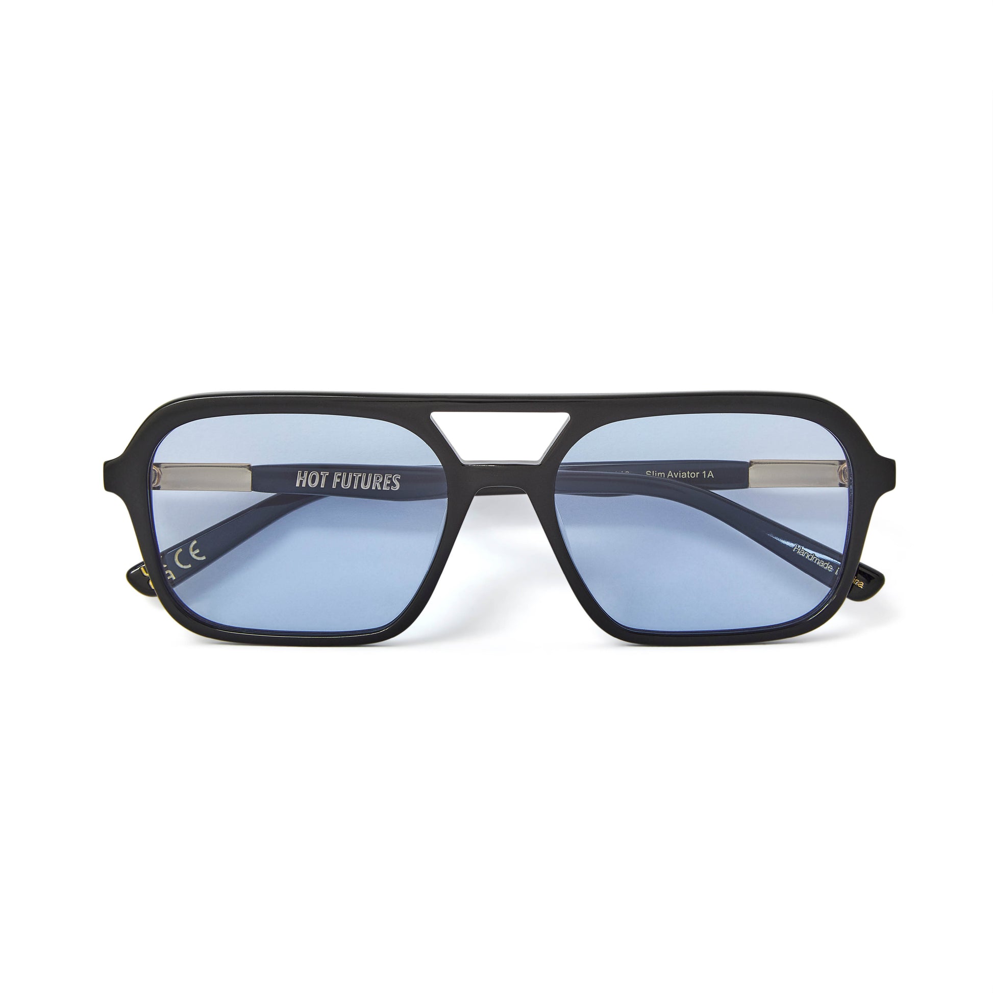 A pair of slim rectangular aviator sunglasses with a black frame and blue tinted lenses.