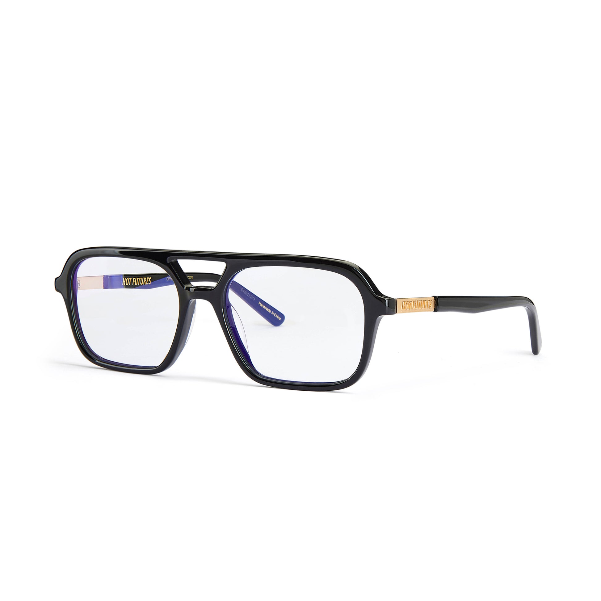 A pair of gloss black recycled acetate aviator sunglasses with clear lenses and blue accents on the arms.