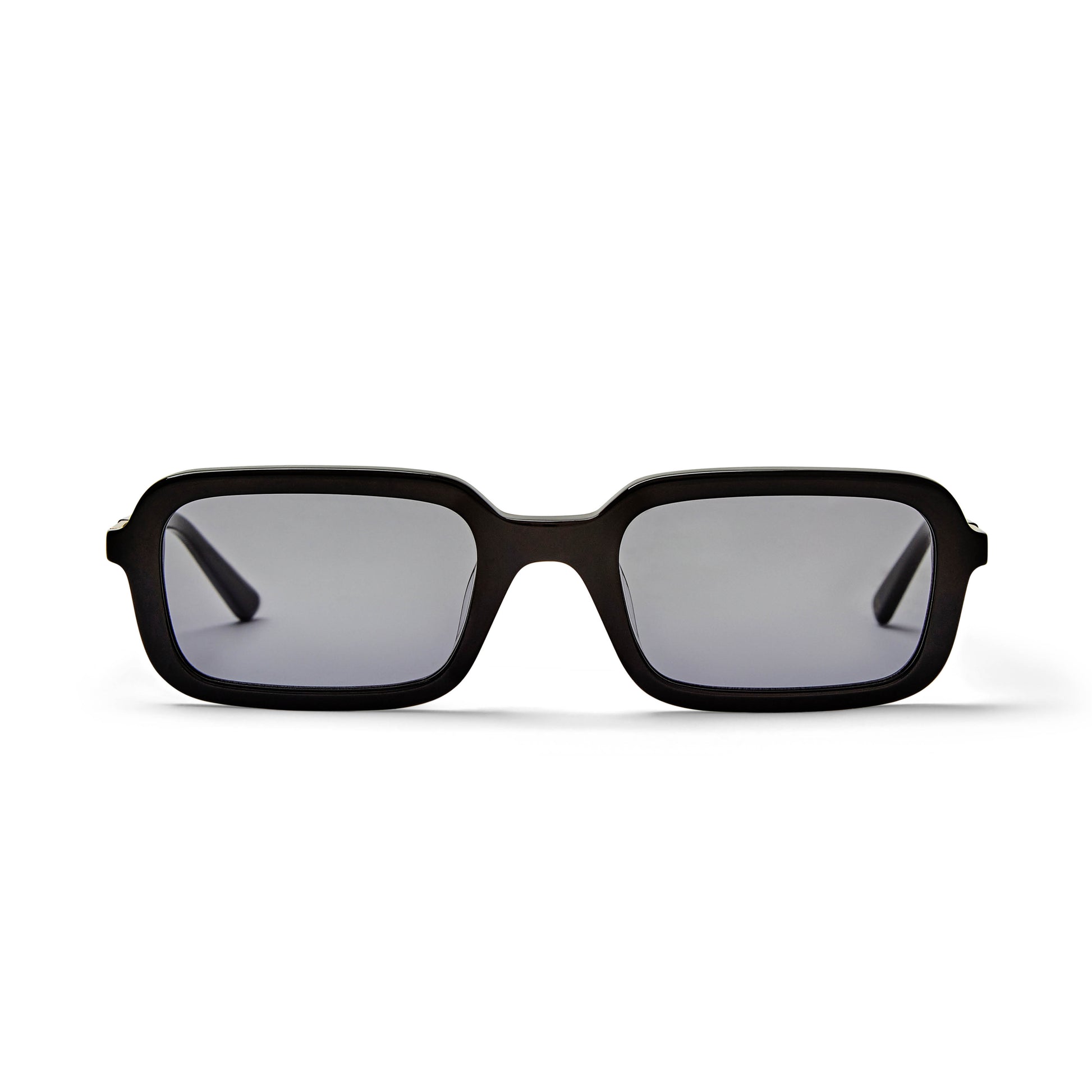 A pair of black rectangular sunglasses with smoke tinted lenses, designed in London