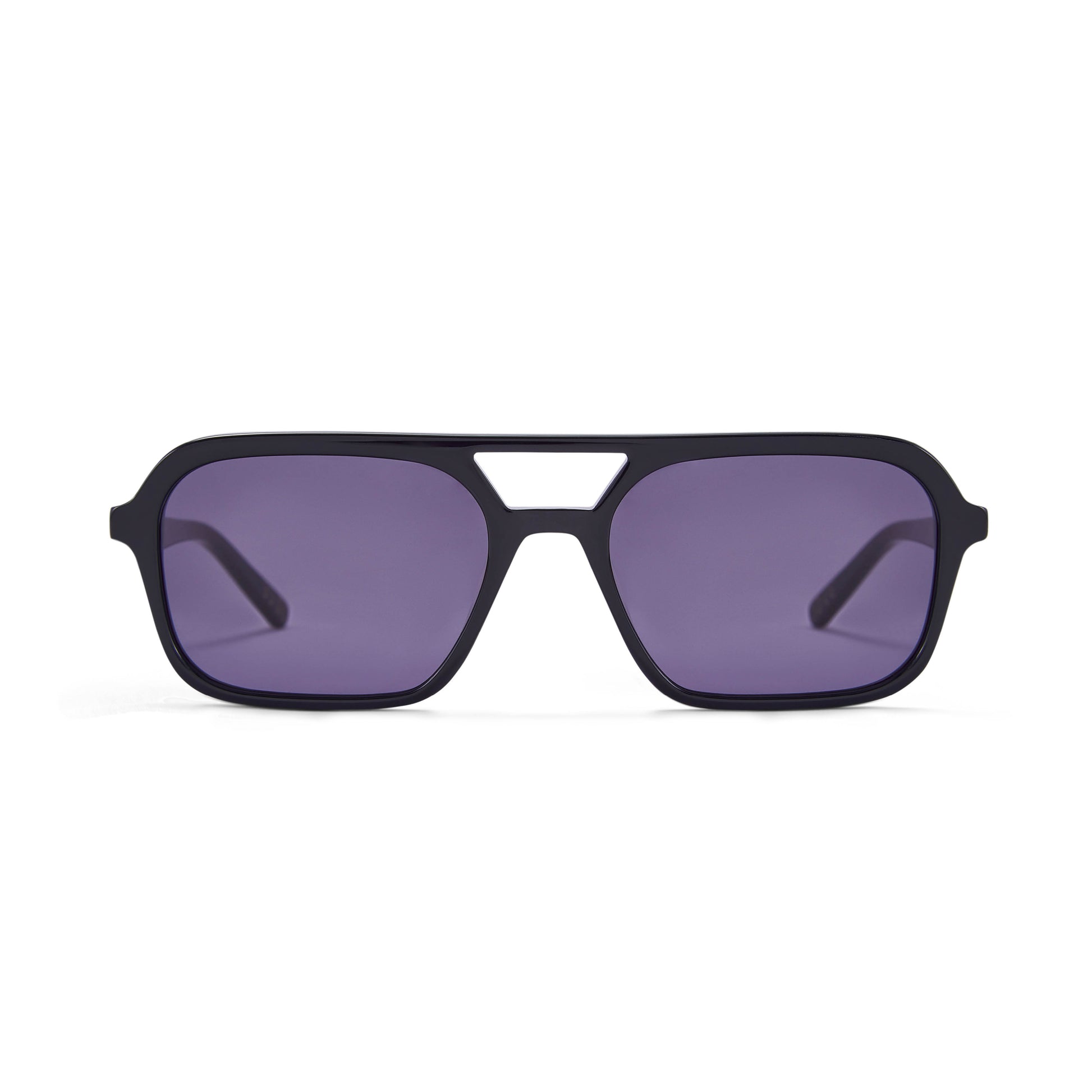 A pair of gloss black aviator sunglasses with smoky black lenses
