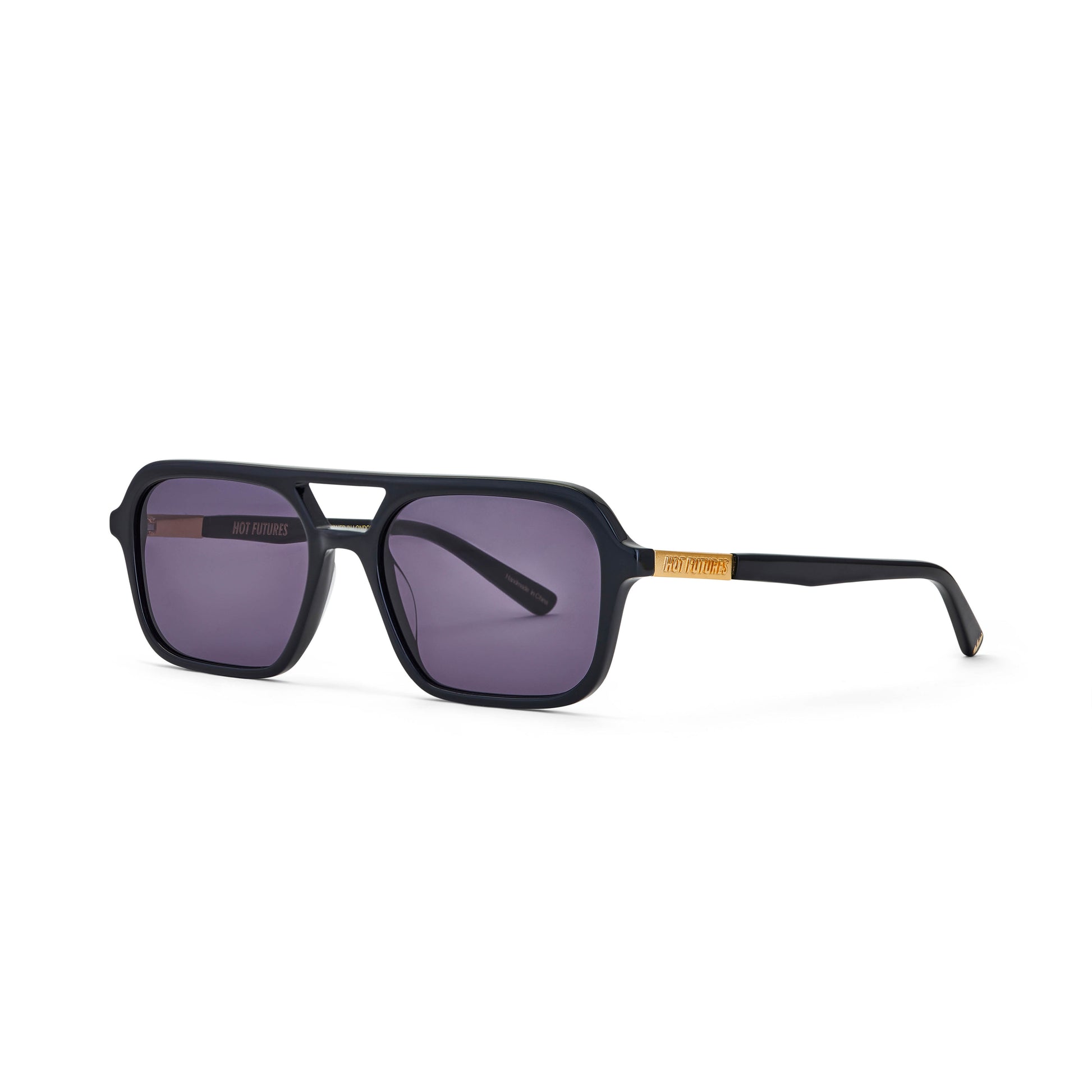 A pair of gloss black aviator sunglasses with smoky black lenses by Hot Futures.