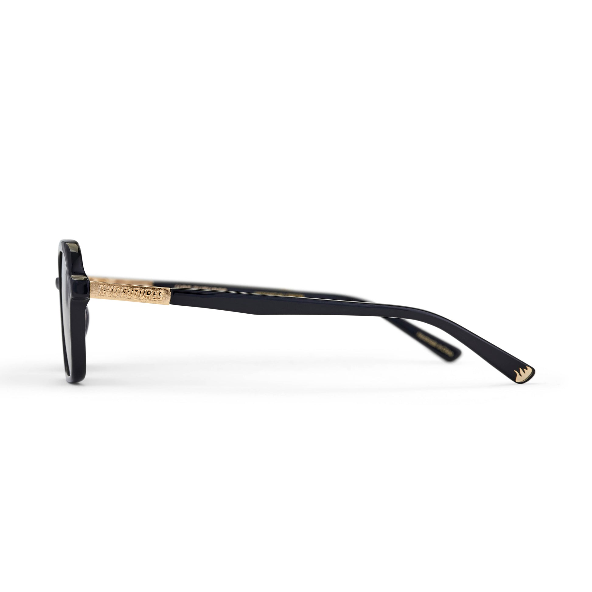 side shot of a pair of gloss black aviator sunglasses with smoky black lenses by Hot Futures.
