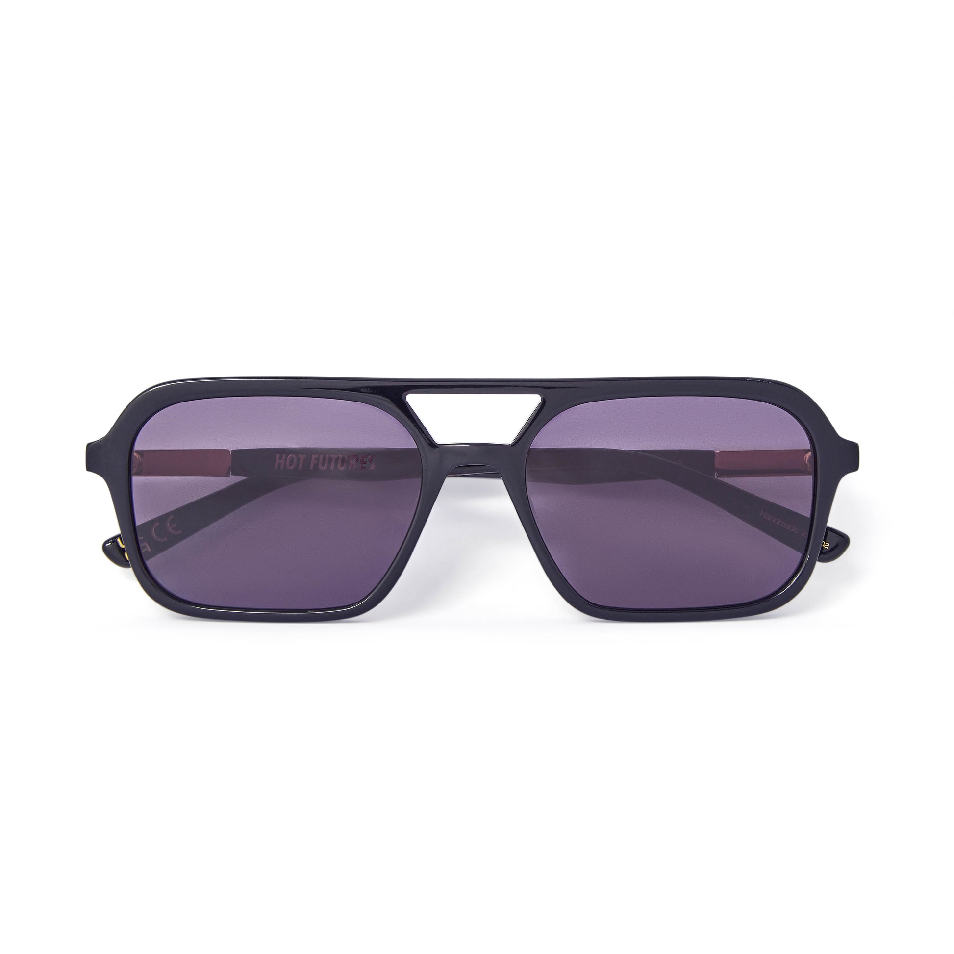 A pair of gloss black aviator sunglasses with smoky black lenses by Hot Futures.