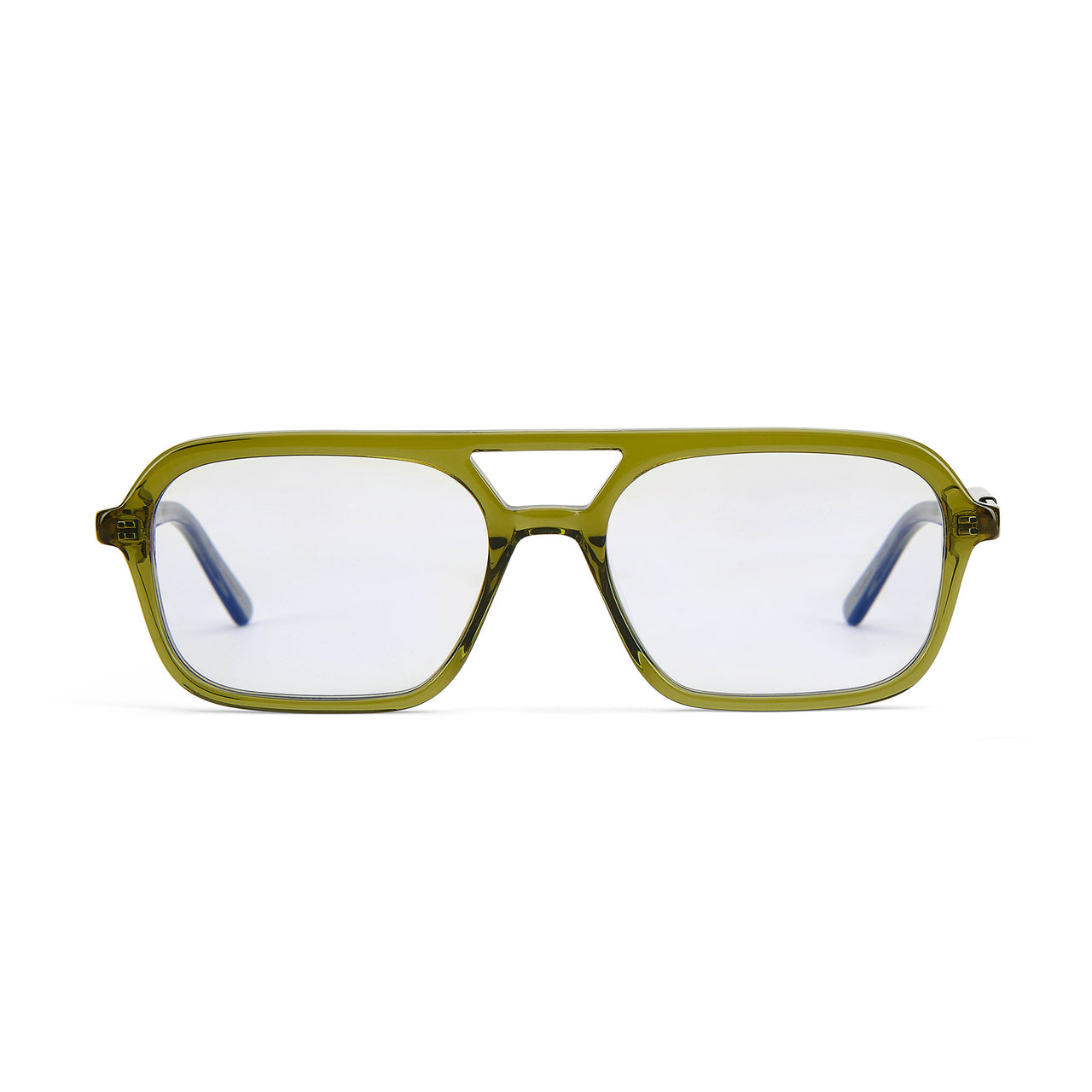 A pair of green rectangular full frame sunglasses with clear lenses and alloy hinges.