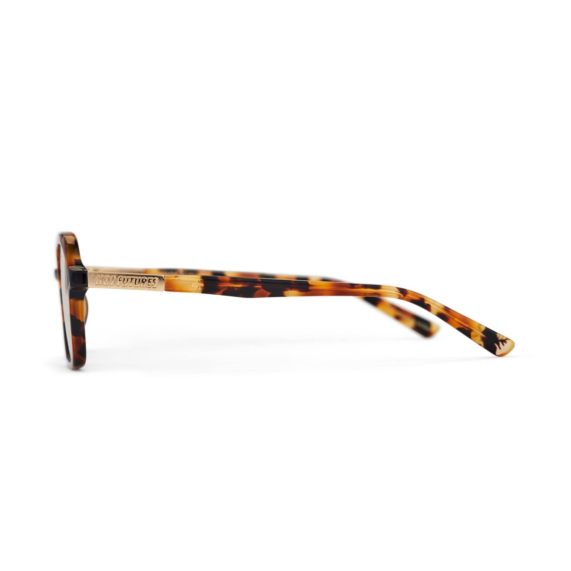 A pair of slim rectangular aviator sunglasses with a classic tortoiseshell pattern and gold tinted lenses.