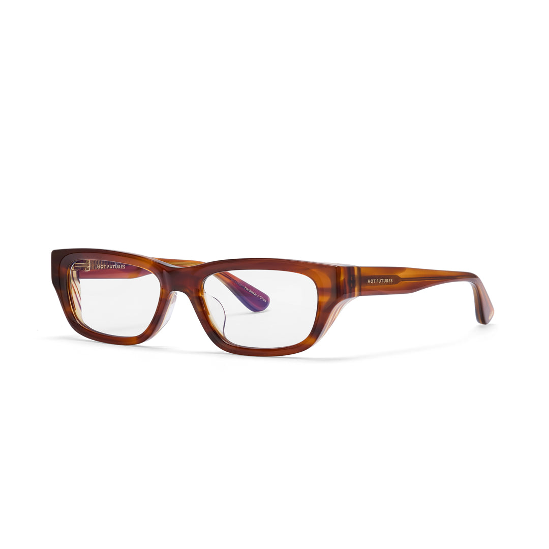Dove Caramel Clear blue light lens slim glasses against a white backdrop