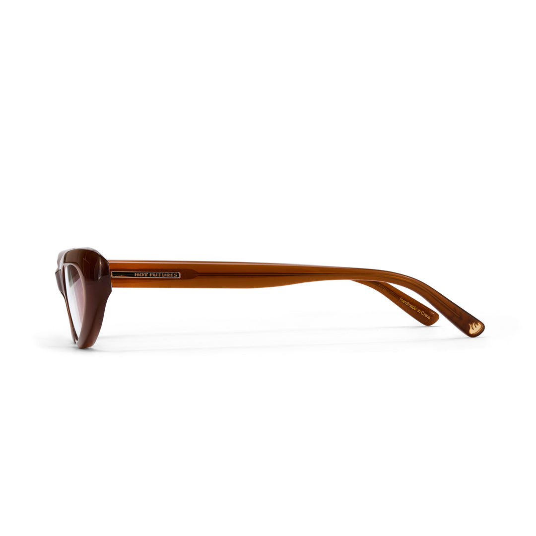 Brown sunglasses with a visible brand logo on a white background
