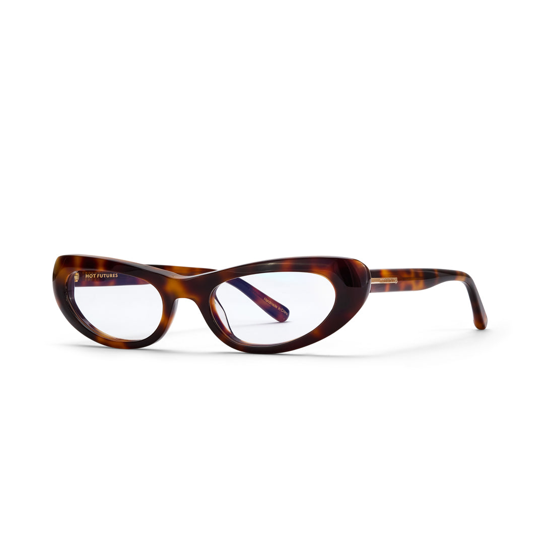 Tortoiseshell cat-eye glasses on a white background
